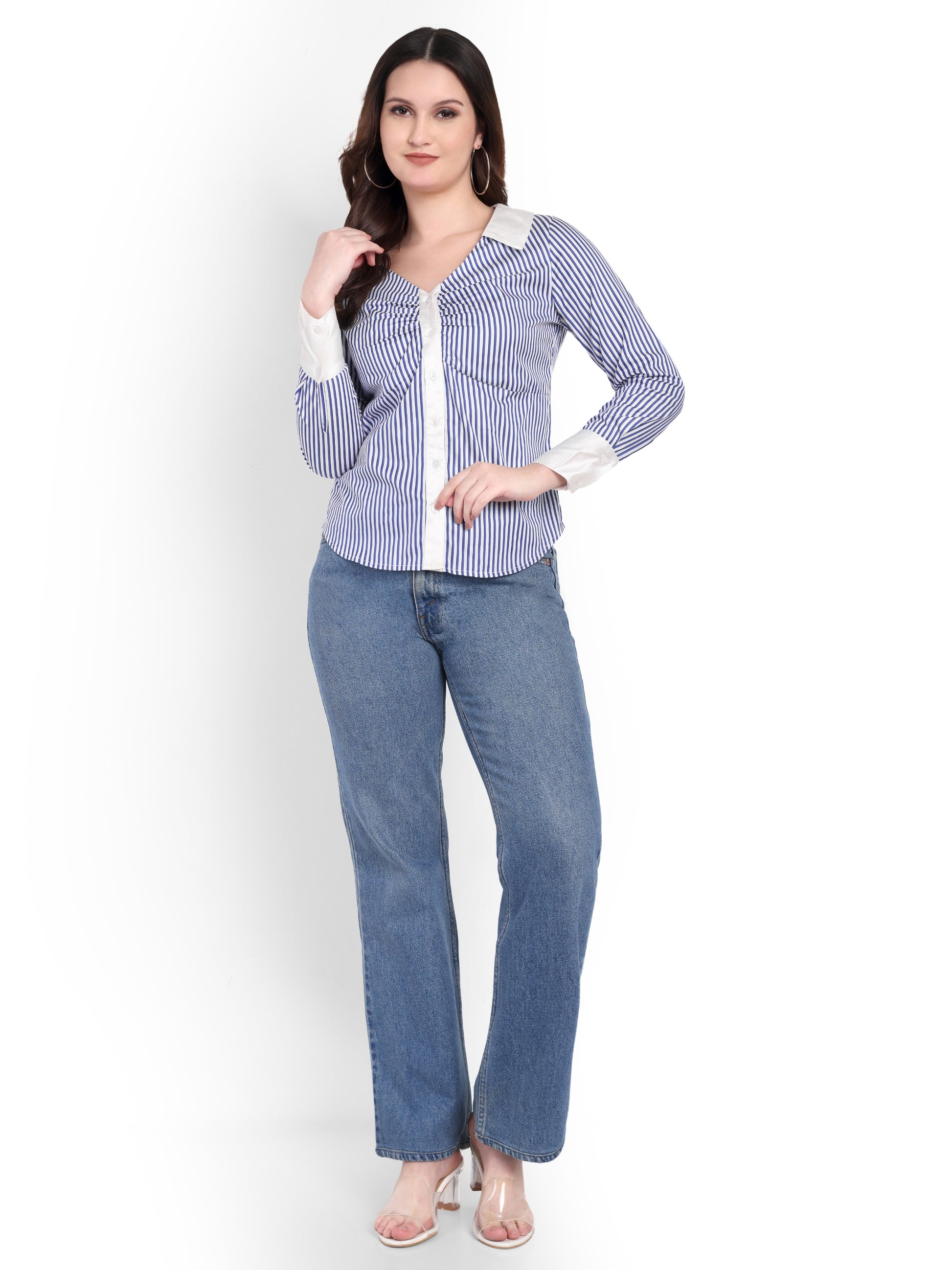 Women's Navy Blue & White Striped Button-Down Shirt – Long Sleeve | Smart Casual & Office Wear