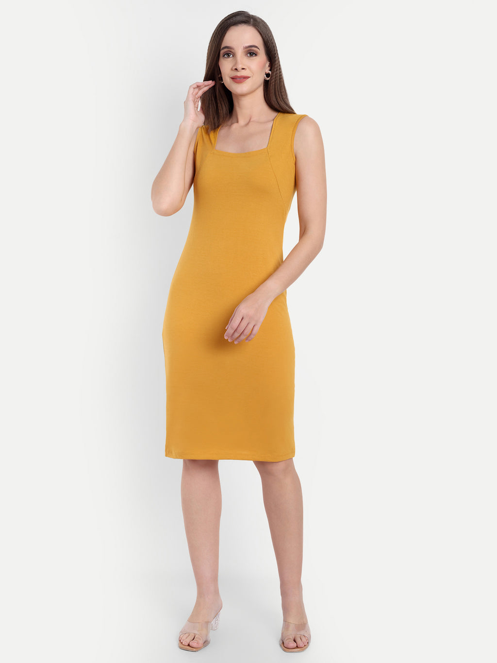 Women's Mustard Yellow Sleeveless Bodycon Midi Dress | Square Neck | Casual & Party Wear (Copy)