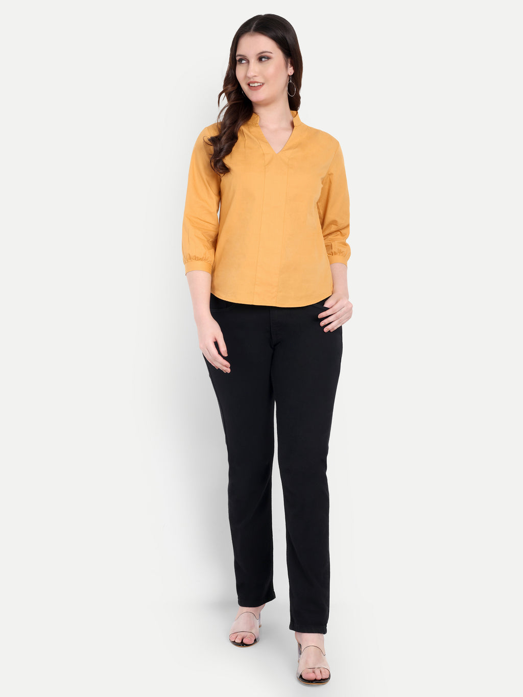 Women's Orange V-Neck 3/4 Sleeve Top | Lightweight Cotton Blend | Elegant Everyday Wear