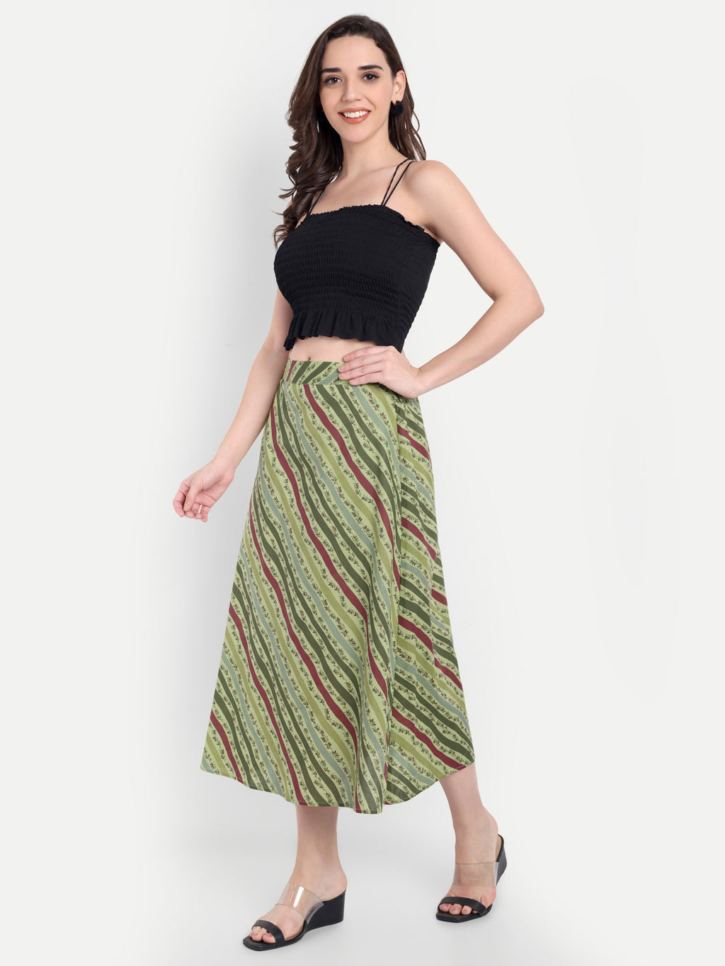 Women's Olive Striped A-Line Midi Skirt | Casual & Party Wear