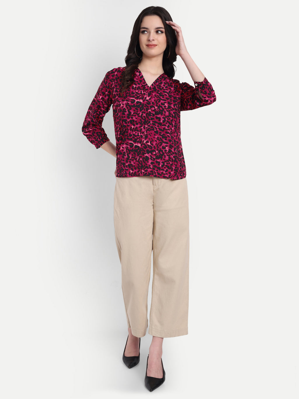 Women's Magenta & Black Animal Print V-Neck Top | 3/4 Sleeves | Stylish Casual & Party Wear