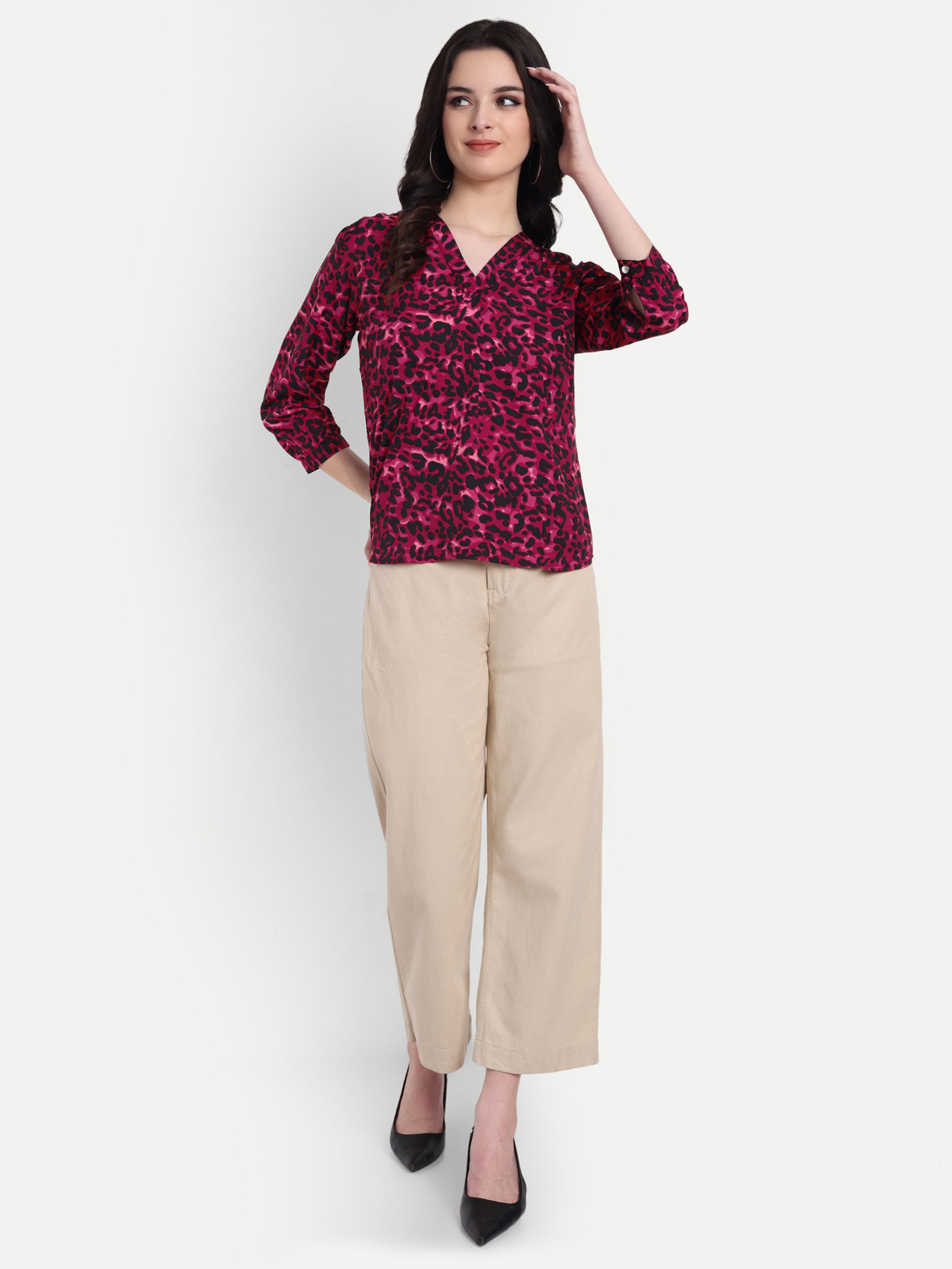 Women's Magenta & Black Animal Print V-Neck Top | 3/4 Sleeves | Stylish Casual & Party Wear