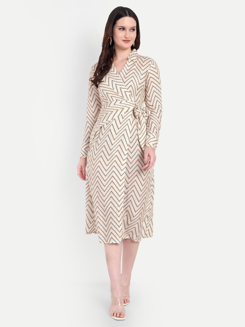 Women's Beige Chevron Print Wrap Midi Dress | Long Sleeve | Belt Tie Waist
