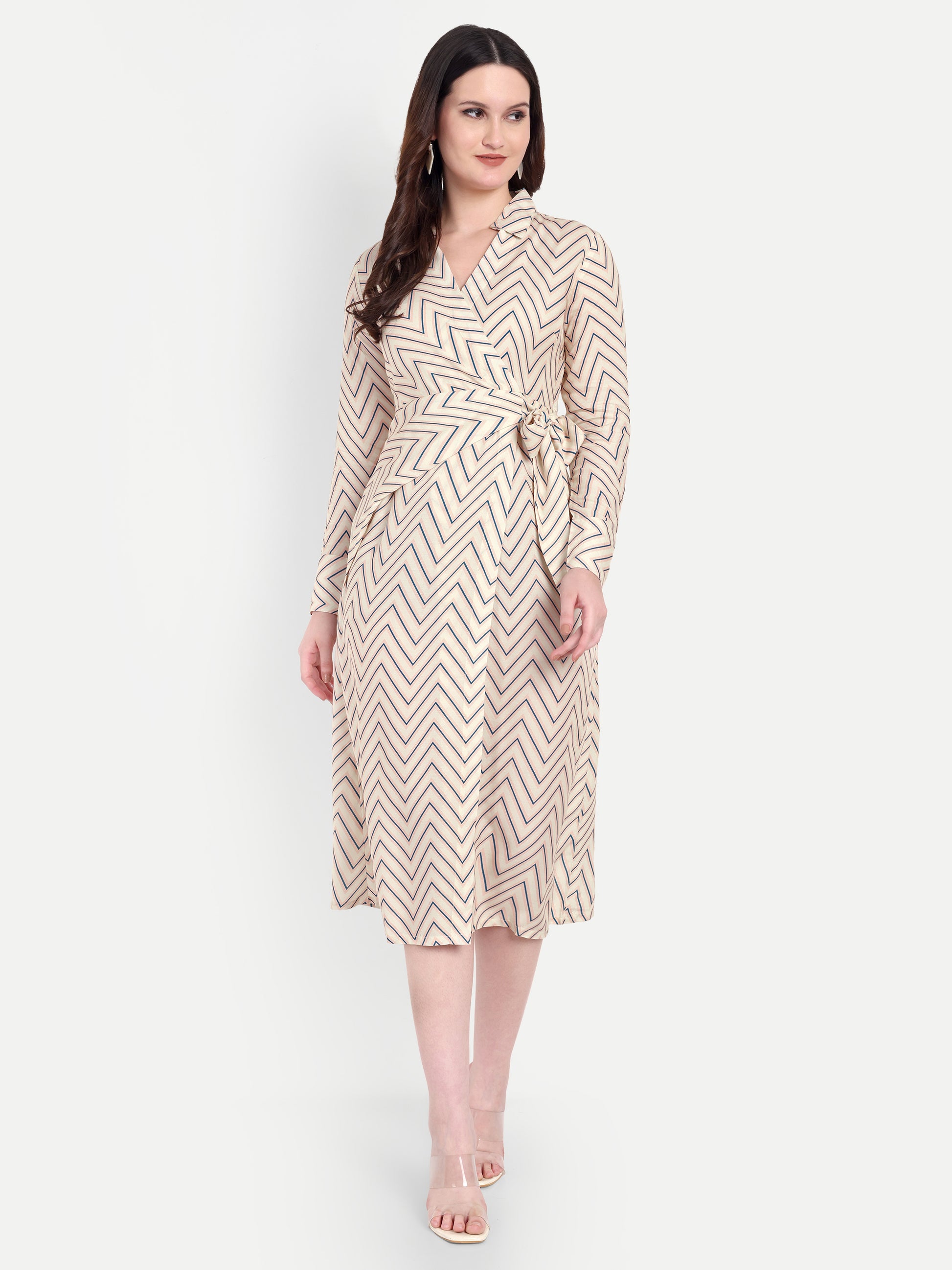 Women's Beige Chevron Print Wrap Midi Dress | Long Sleeve | Belt Tie Waist
