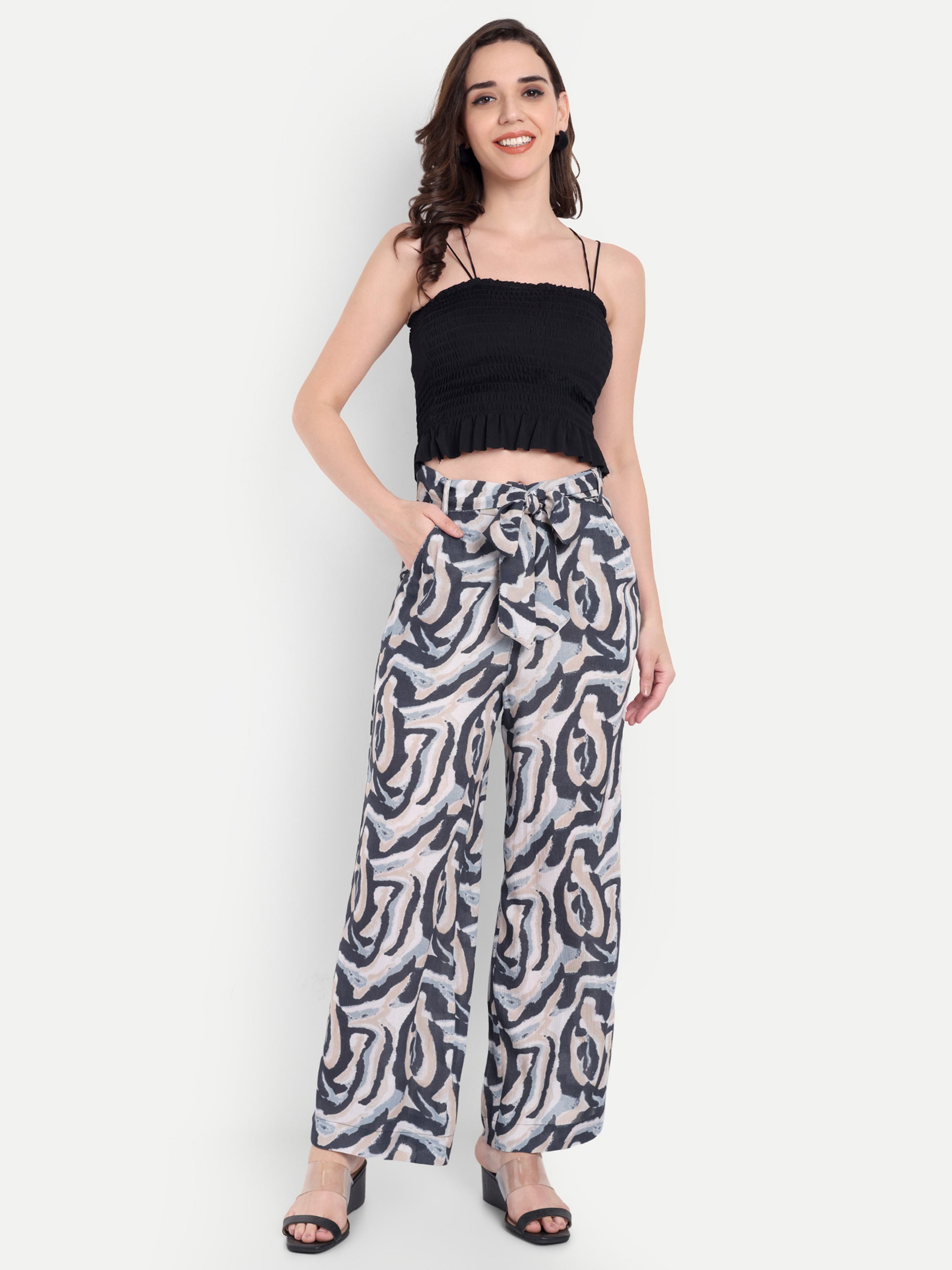 Women's Printed Wide-Leg Trousers – High Waist | Formal & Casual Wear | Comfort Fit