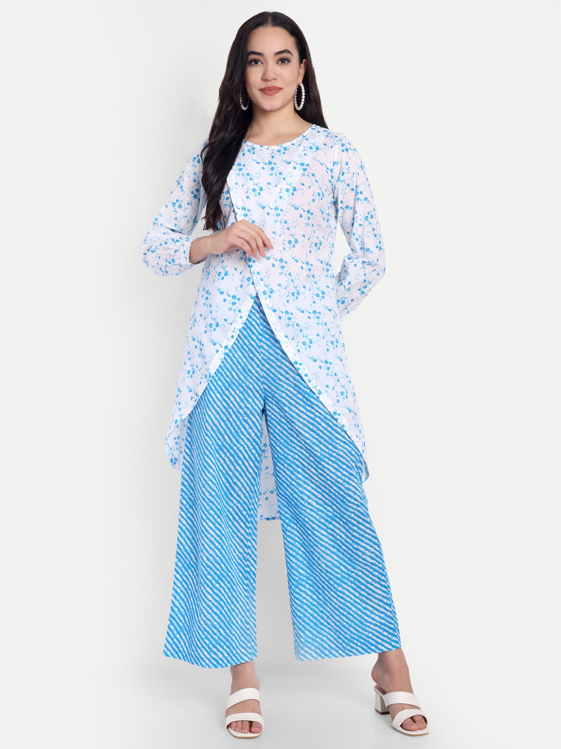 Women's Blue Printed Ethnic Co-ord Set | Asymmetrical Long Kurta with Wide-Leg Pants