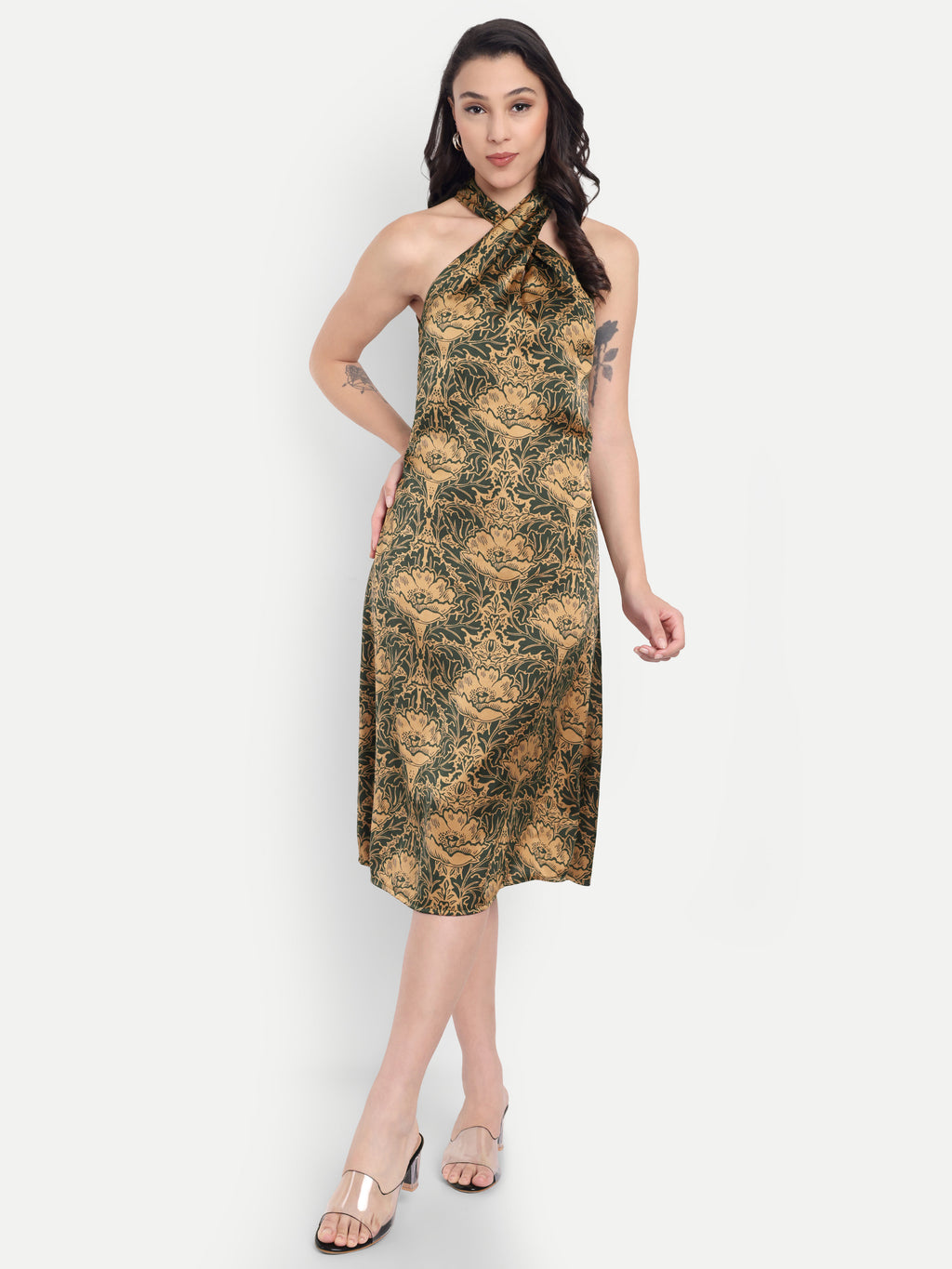 Women's Green & Gold Floral Halter Neck Midi Dress | Elegant Sleeveless Party Wear