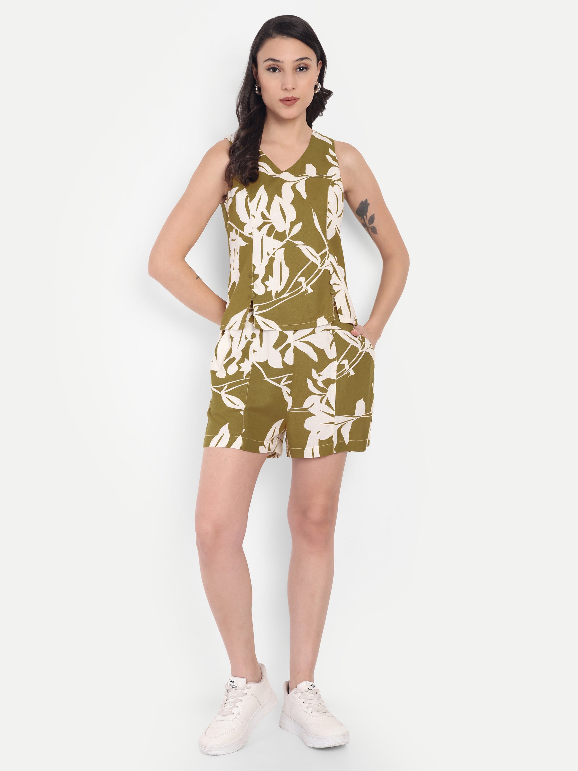 FairLeaf Women's Top and Short Set – |100% Pure Cotton | Lightweight Relaxed Fit Sleeveless Olive Top & Short– Stylish Casual Summer  for Women
