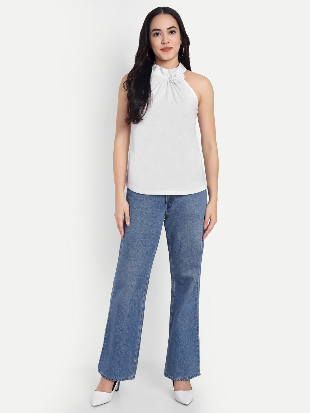 Women's Light white Halter Floral Note Neck Sleeveless Top | Casual & Party Wear