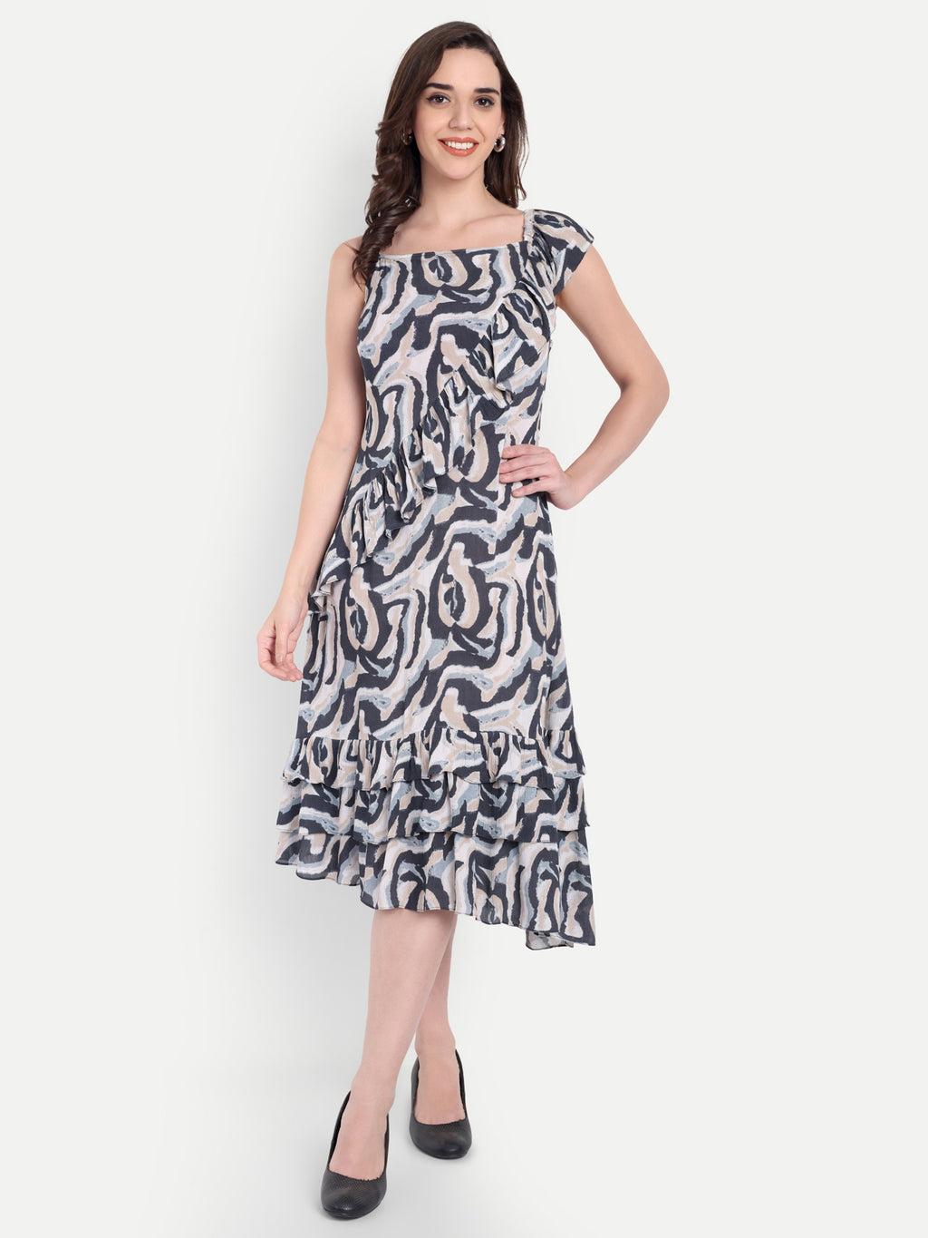 Women's Back And White Printed  Ruffle Dress | Sleeveless | Stylish Summer & Party Wear (Copy)