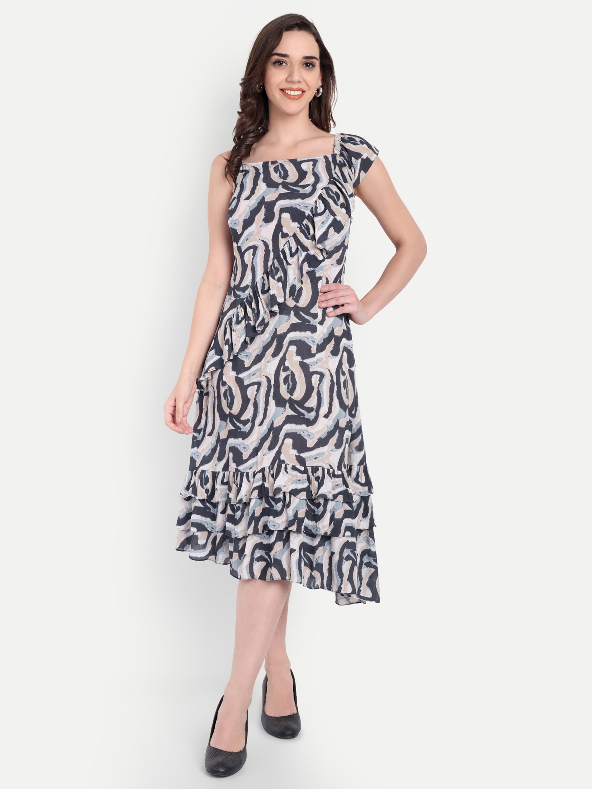 Women's Back And White Printed  Ruffle Dress | Sleeveless | Stylish Summer & Party Wear (Copy)