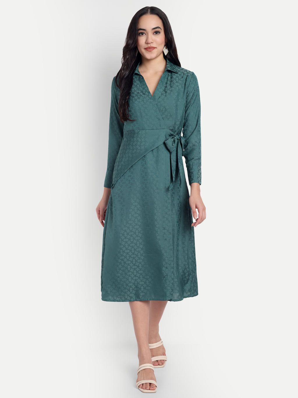 Women's Teal Jacquard Wrap Midi Dress | Long Sleeve | Belt Tie Waist