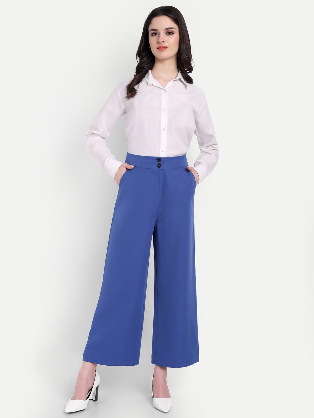 Women's Light Blue Wide-Leg Trousers – High Waist | Formal & Casual Wear | Comfort Fit