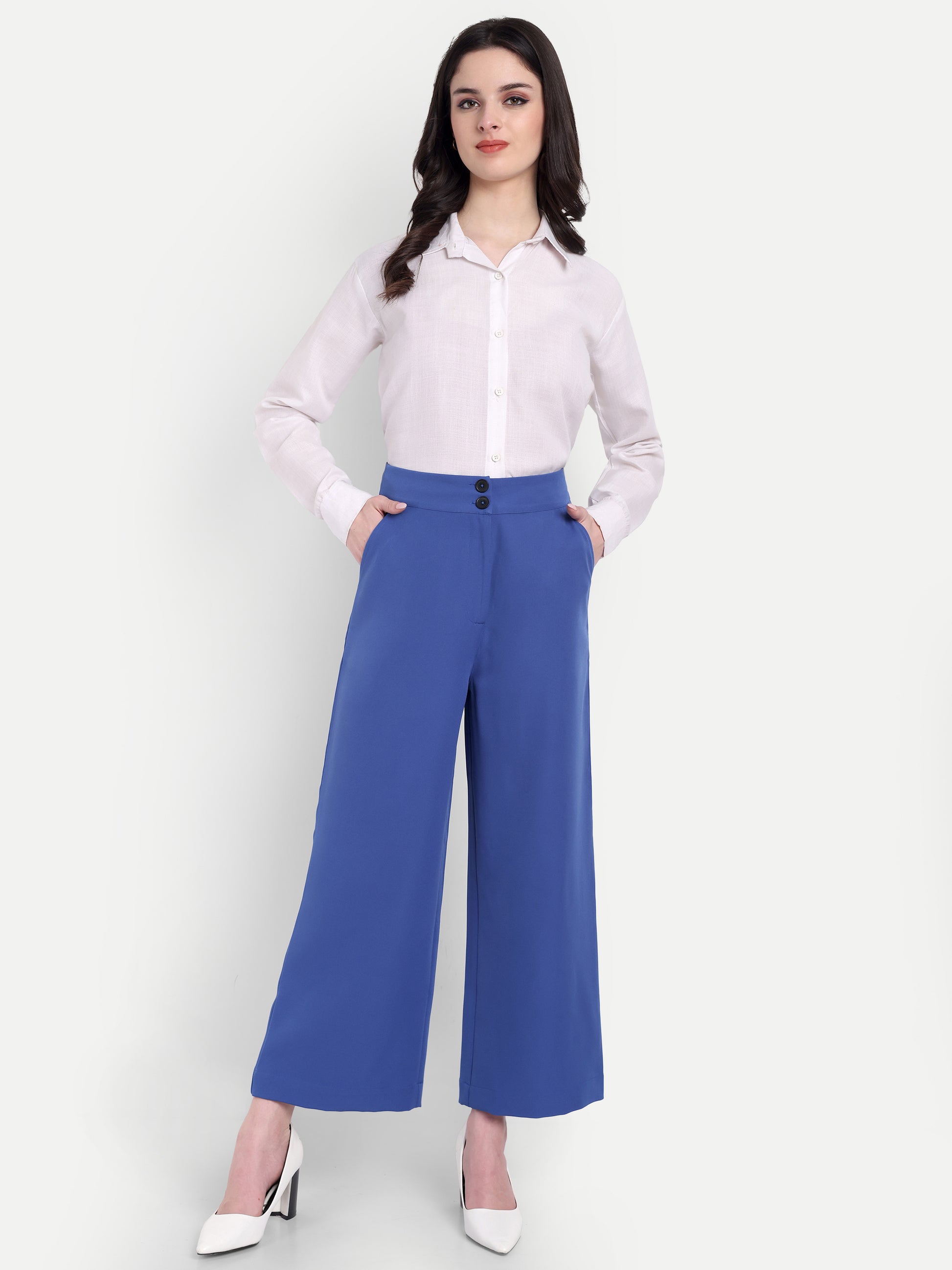 Women's Light Blue Wide-Leg Trousers – High Waist | Formal & Casual Wear | Comfort Fit