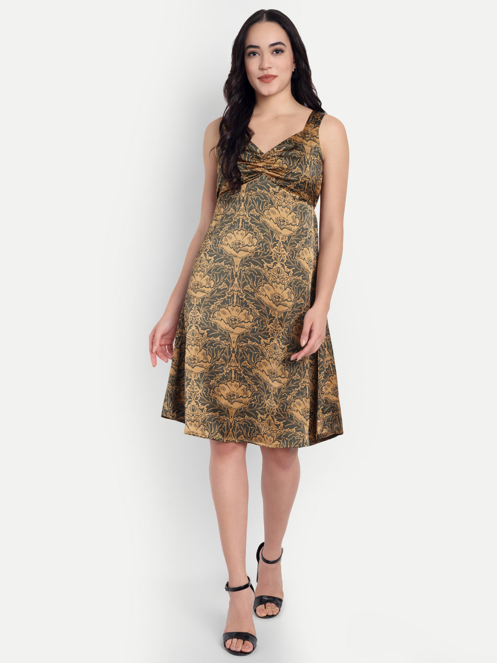 Women's Golden Floral Sleeveless A-Line Mini Dress | Elegant Textured Party Wear