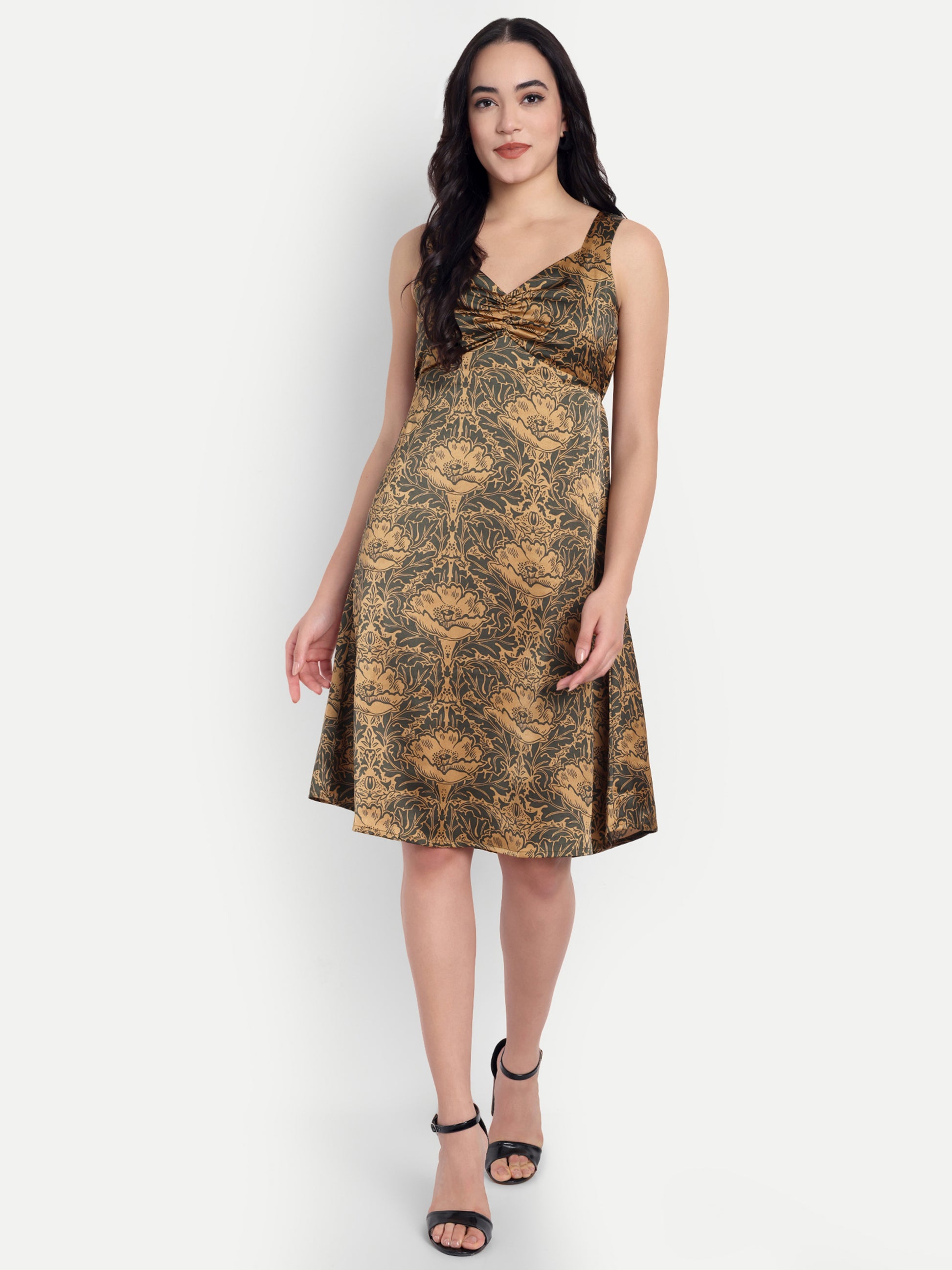 Women's Golden Floral Sleeveless A-Line Mini Dress | Elegant Textured Party Wear