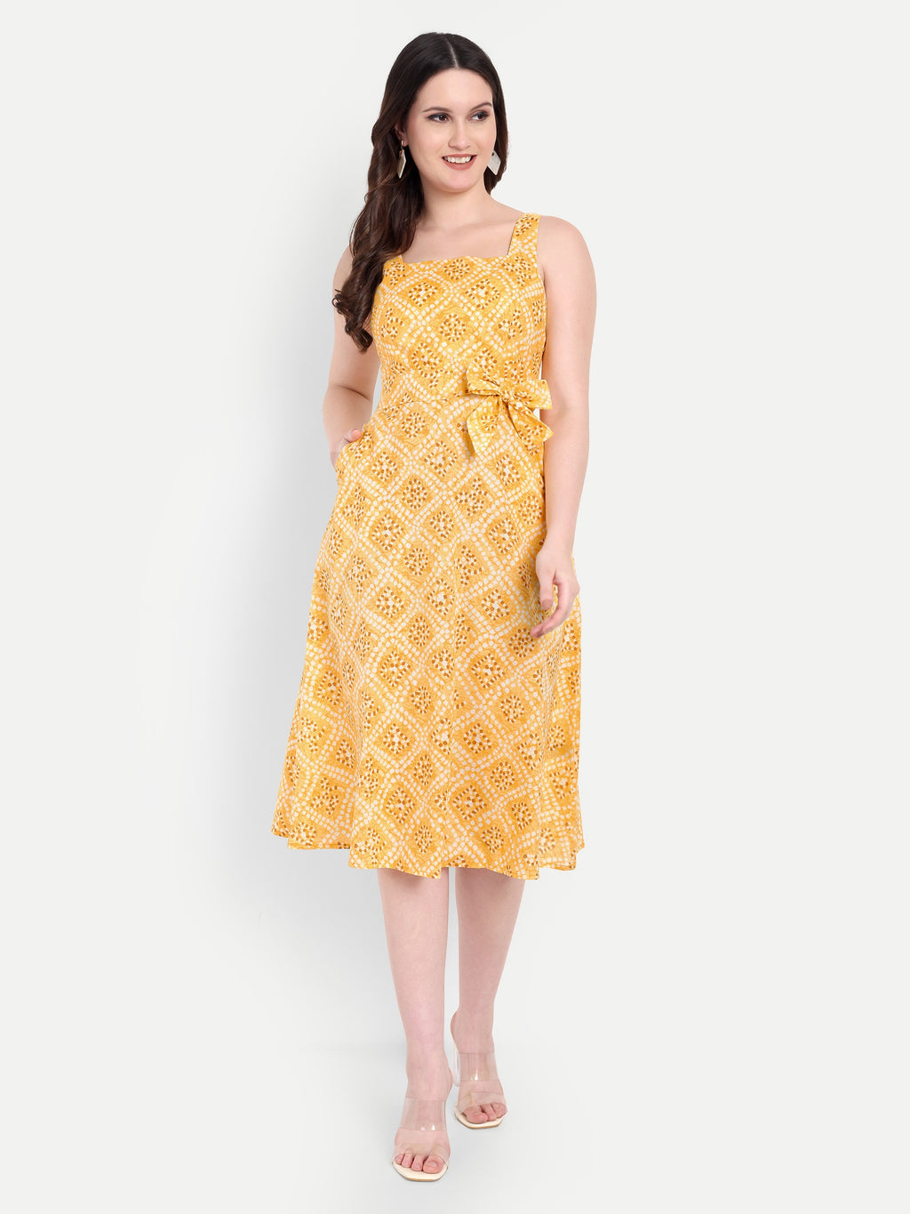 Women's yellow Floral Midi Dress with Square Neck & Side Pockets | Summer Casual Wear (Copy)