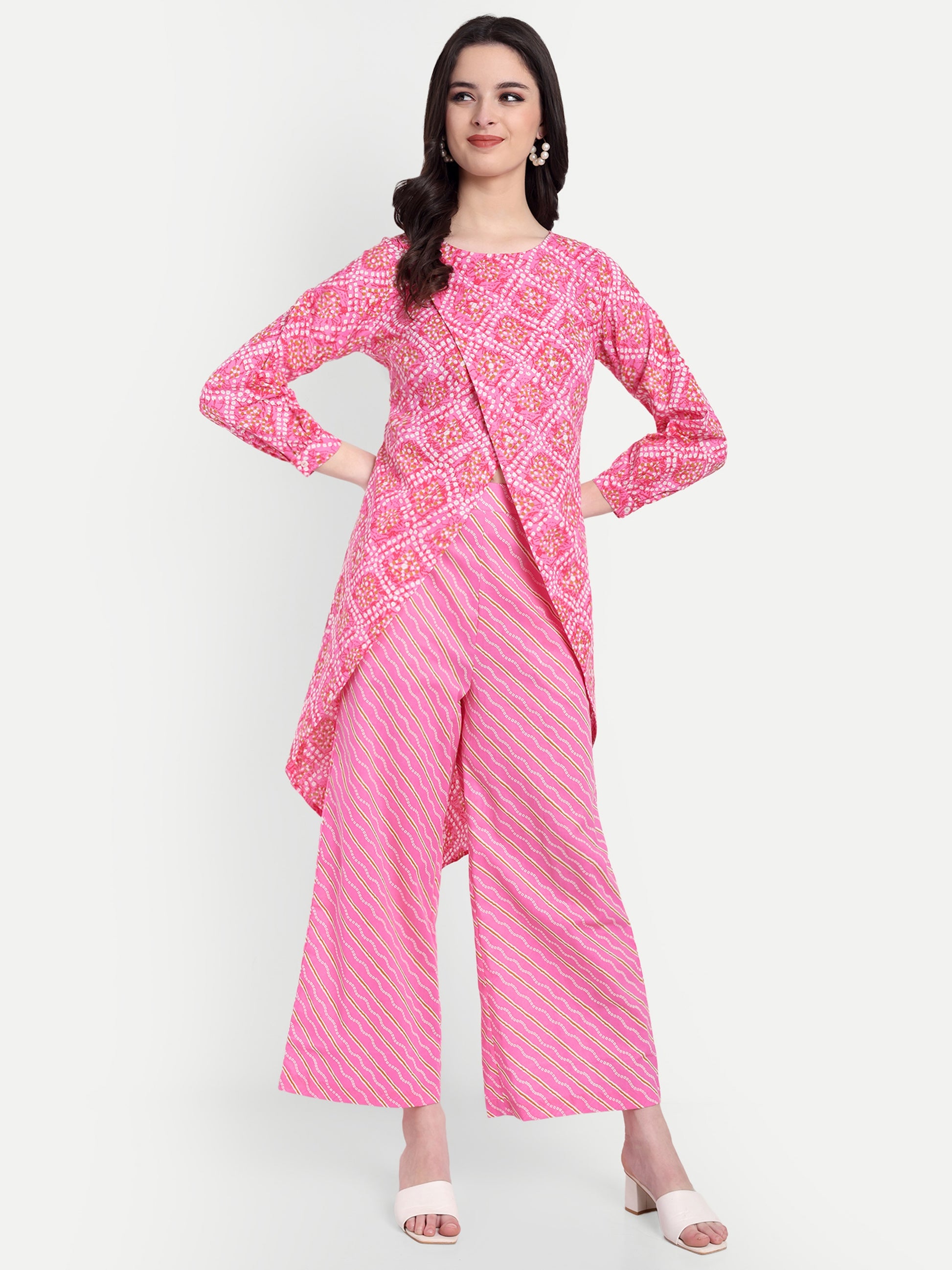 Women's Pink Printed Ethnic Co-ord Set | Asymmetrical Long Kurta with Wide-Leg Pants