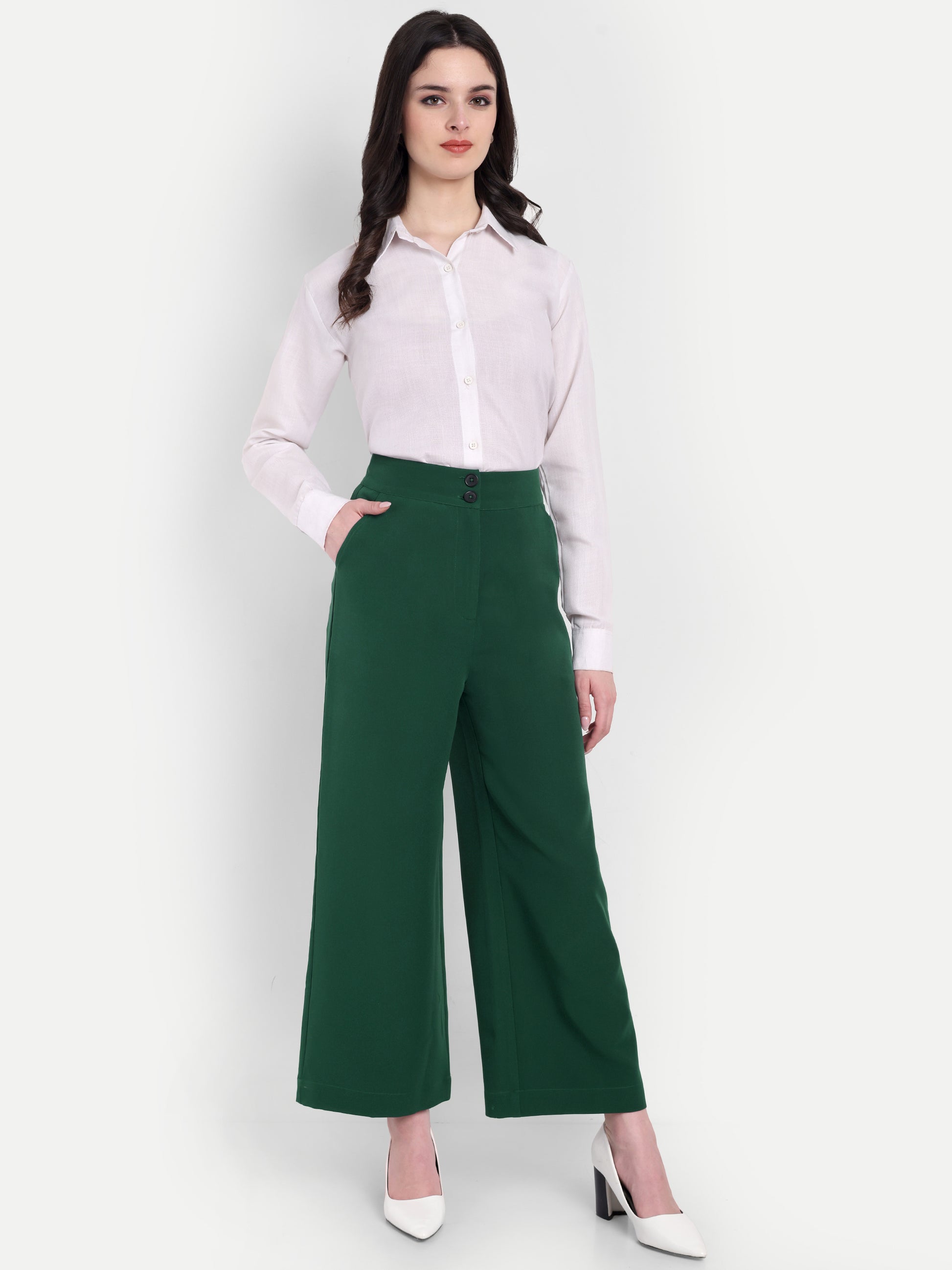 Women's Green Wide-Leg Trousers – High Waist | Formal & Casual Wear | Comfort Fit