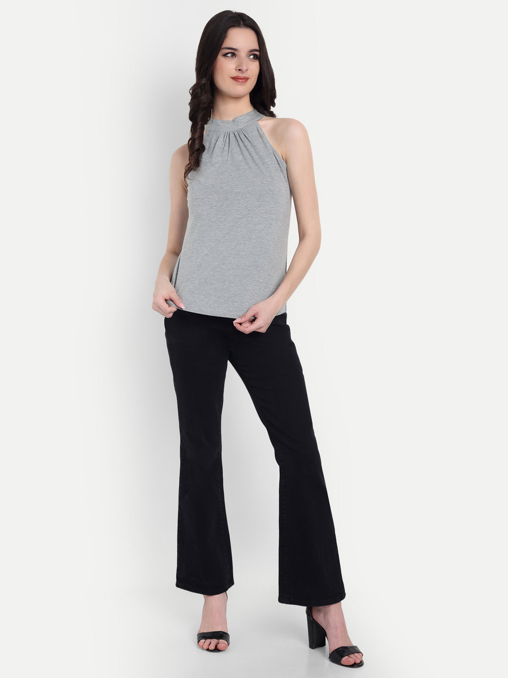 Women's Light Grey Halter Neck Sleeveless Top | Casual & Party Wear