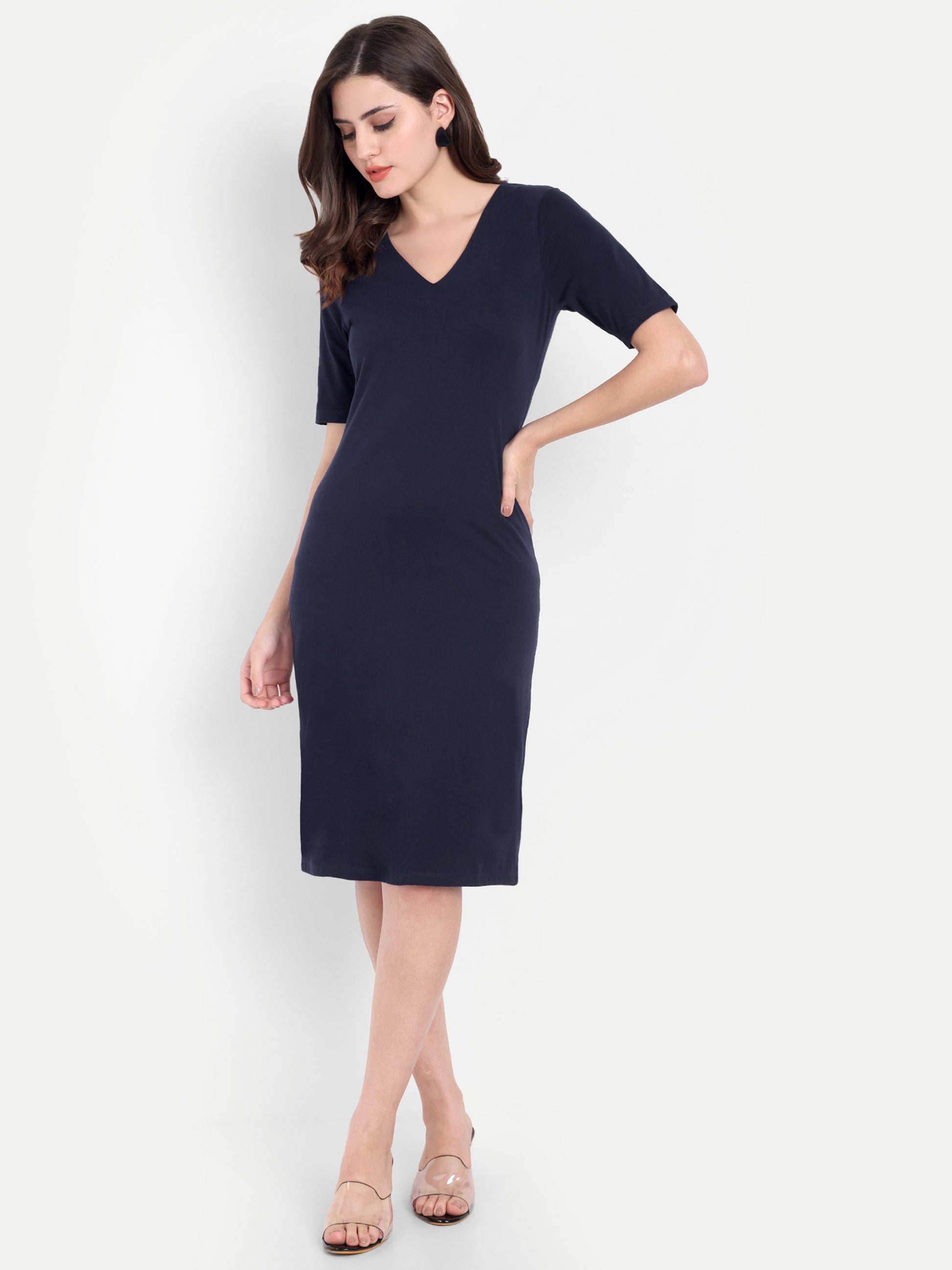 Women's Dark Blue Bodycon Midi Dress | V-Neck | Half Sleeve | Casual & Office Wear