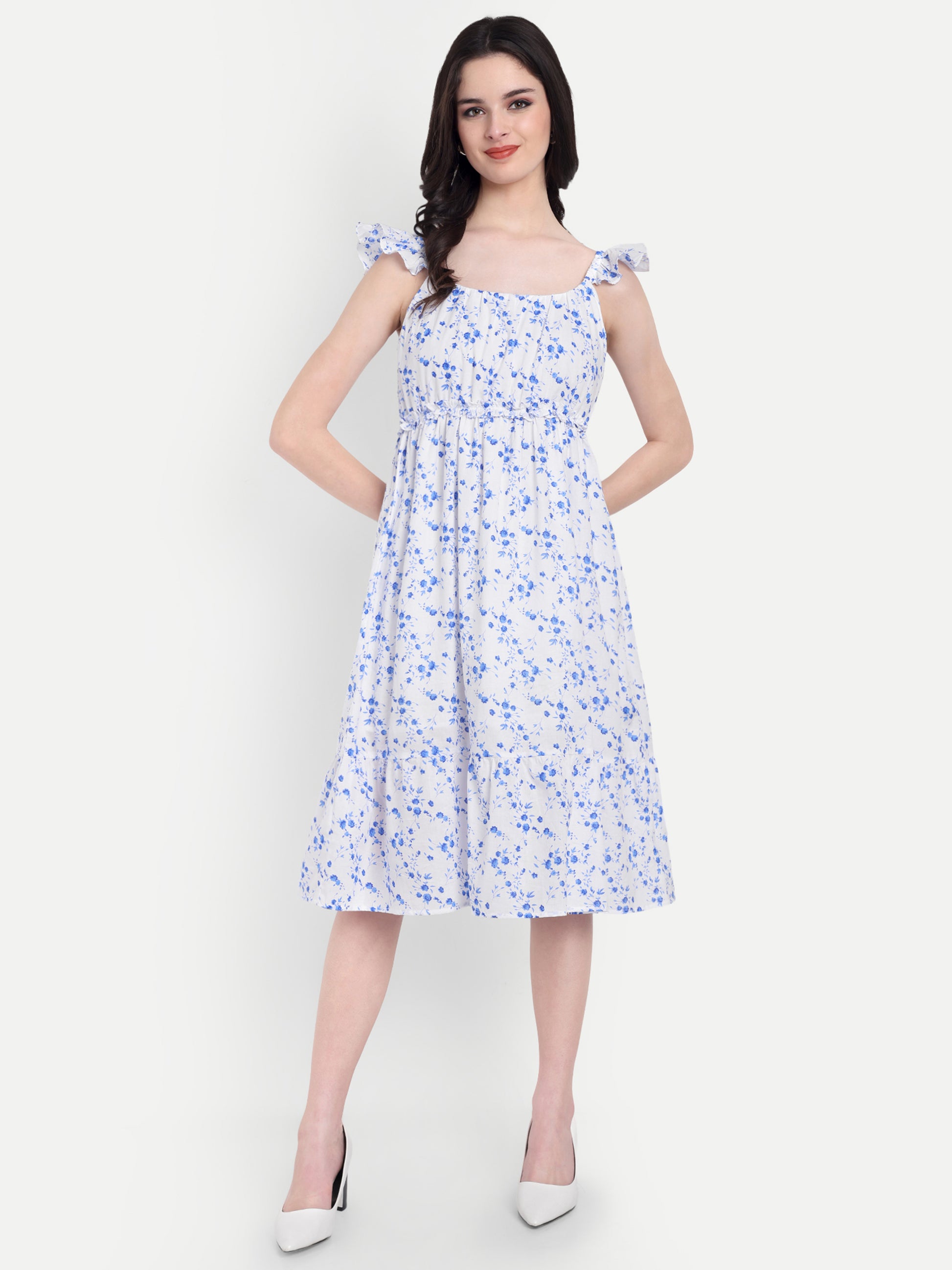 Women's Blue Floral Midi Dress | Sleeveless Ruffle Straps | Elegant Casual & Summer Wear