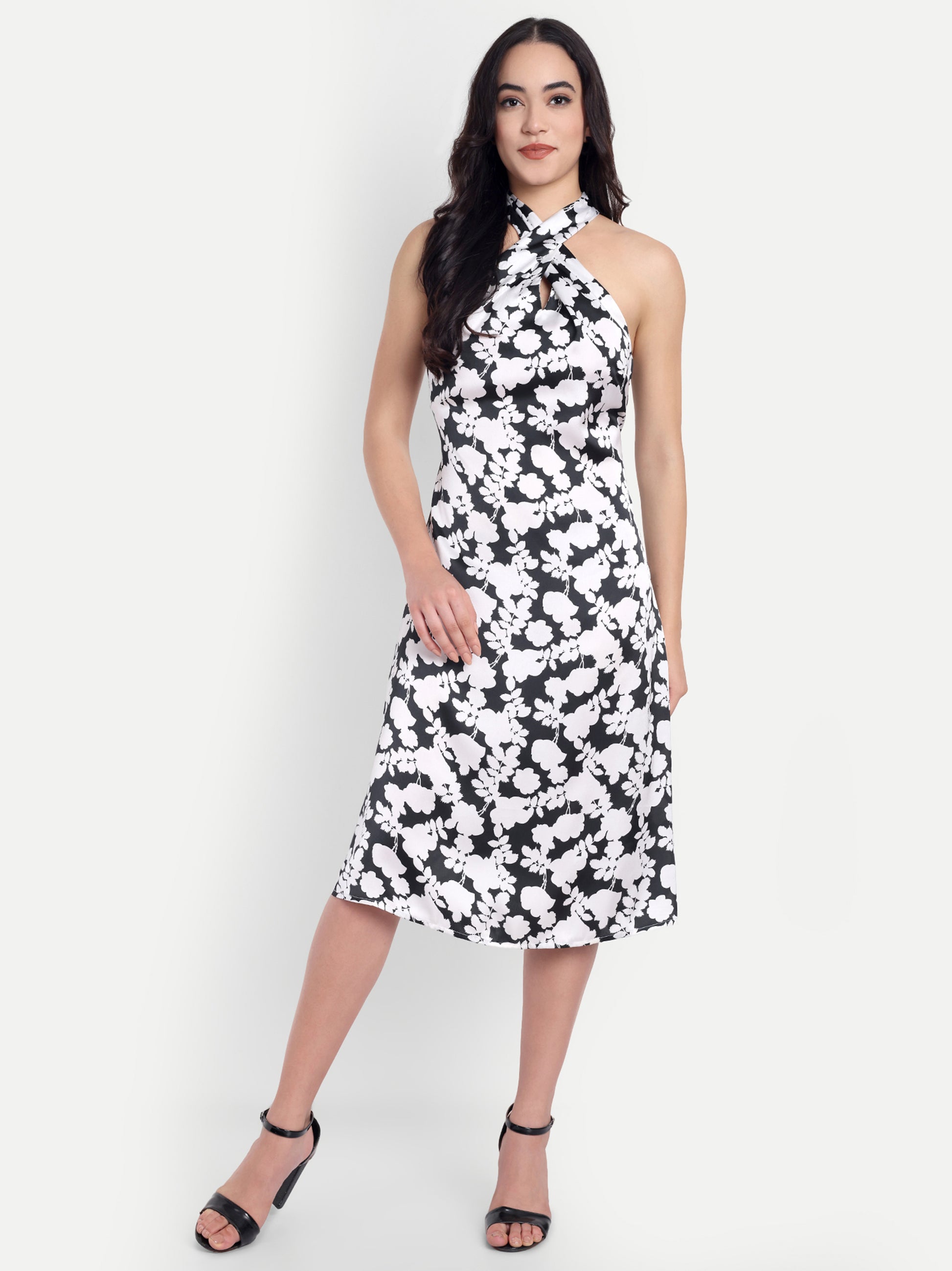Women's Black & White Floral Halter Neck Midi Dress | Elegant Sleeveless Party Wear