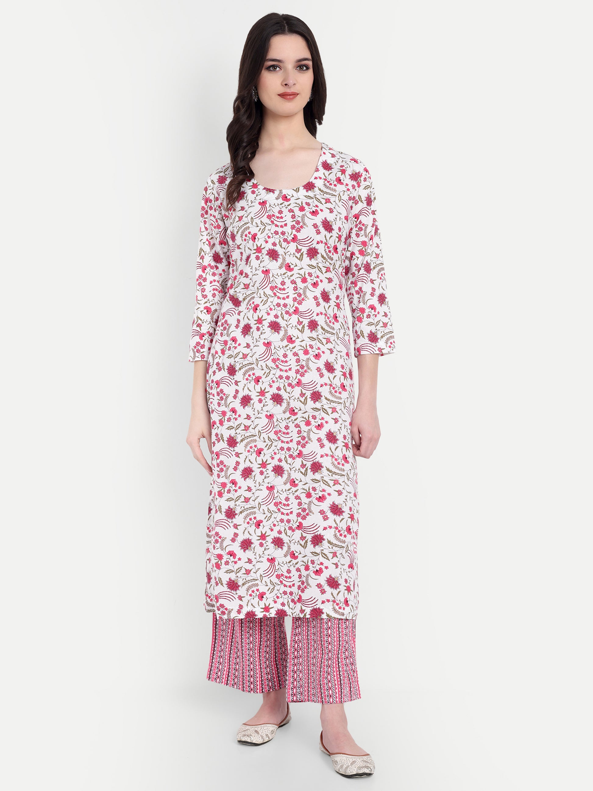 Women's Pink And White Floral Printed Kurta with Straight Pants | Cotton Blend | Ethnic Wear