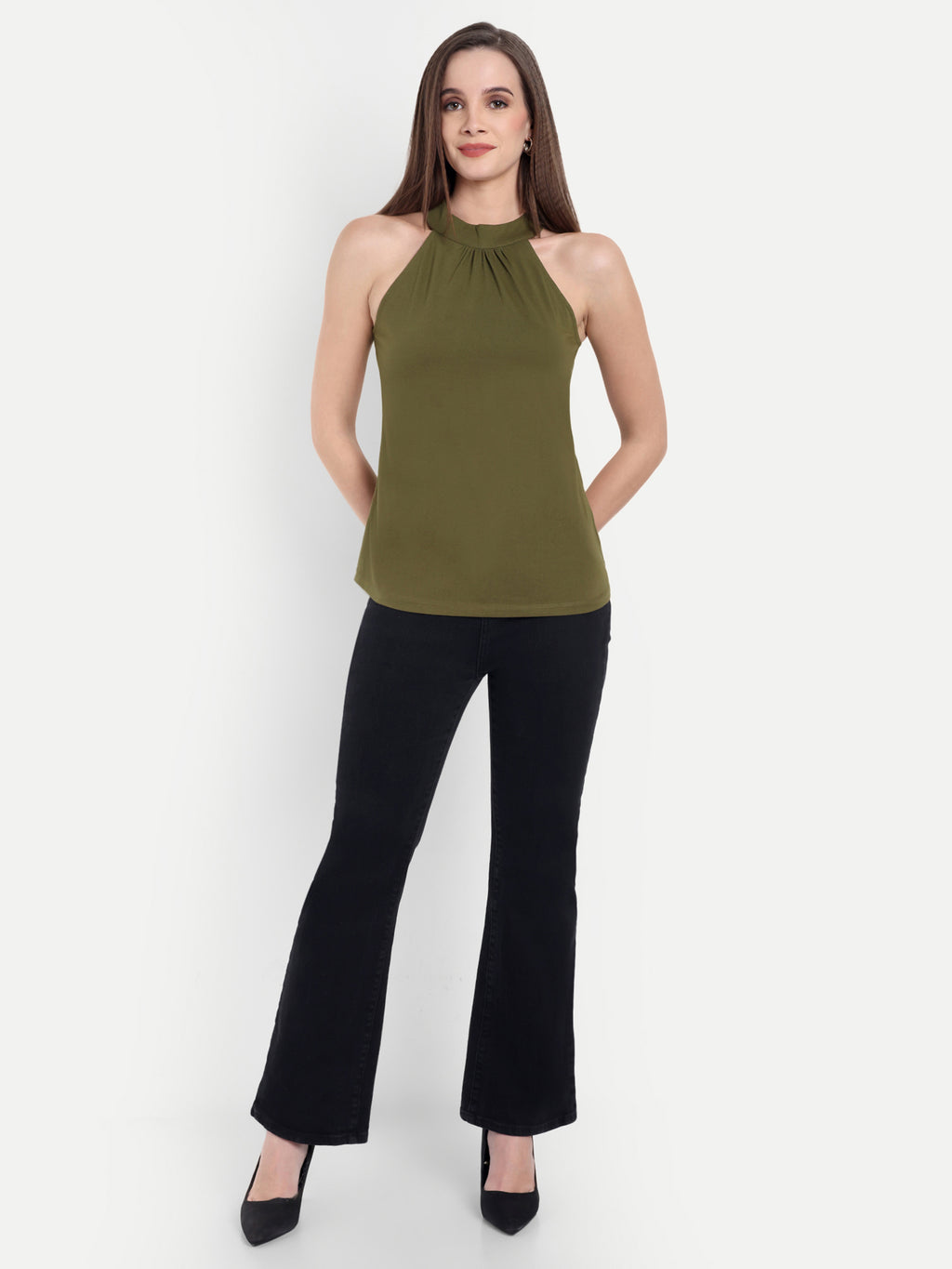 Women's Olive Halter Neck Sleeveless Top | Casual & Party Wear
