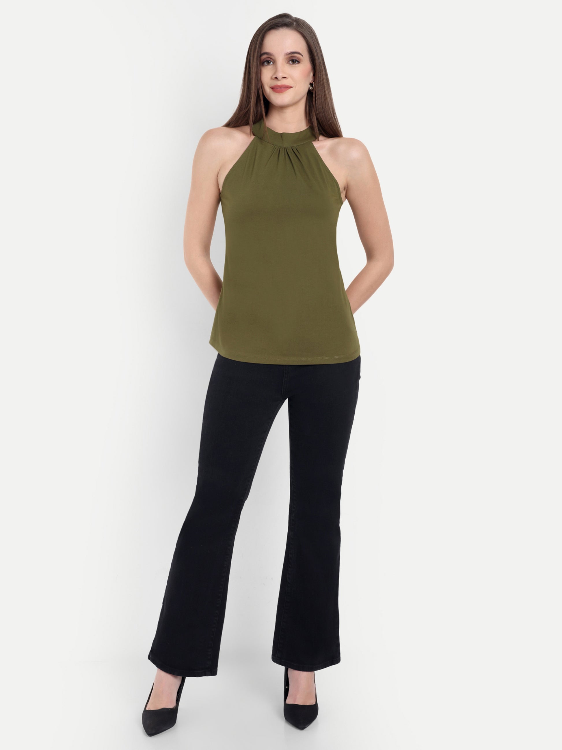 Women's Olive Halter Neck Sleeveless Top | Casual & Party Wear