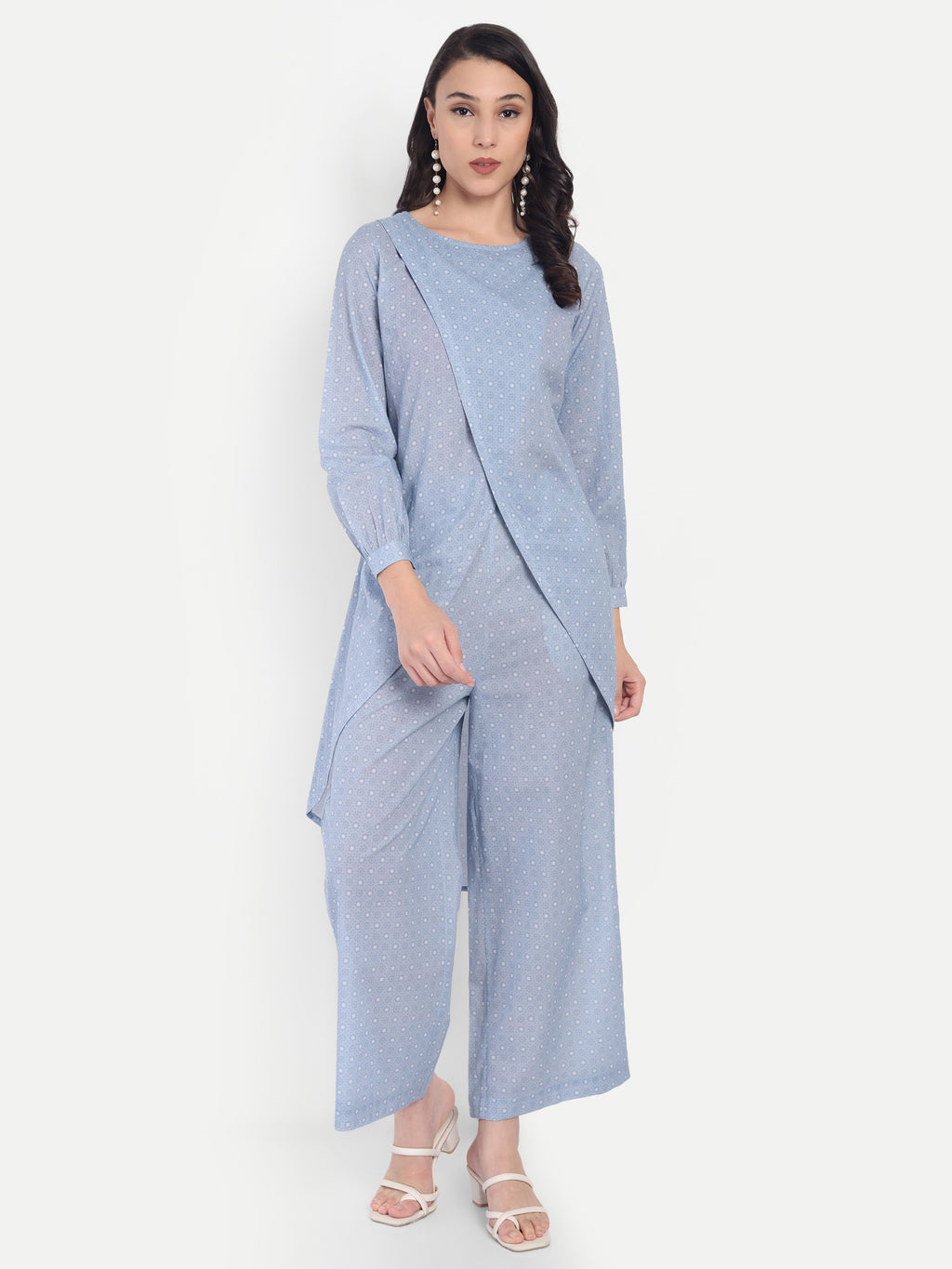 Women's Blue Dotted Printed Ethnic Co-ord Set | Asymmetrical Long Kurta with Wide-Leg Pants