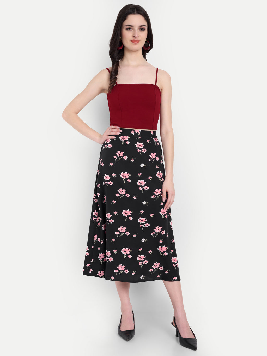 Women's Black Floral Midi Skirt | Casual & Party Wear