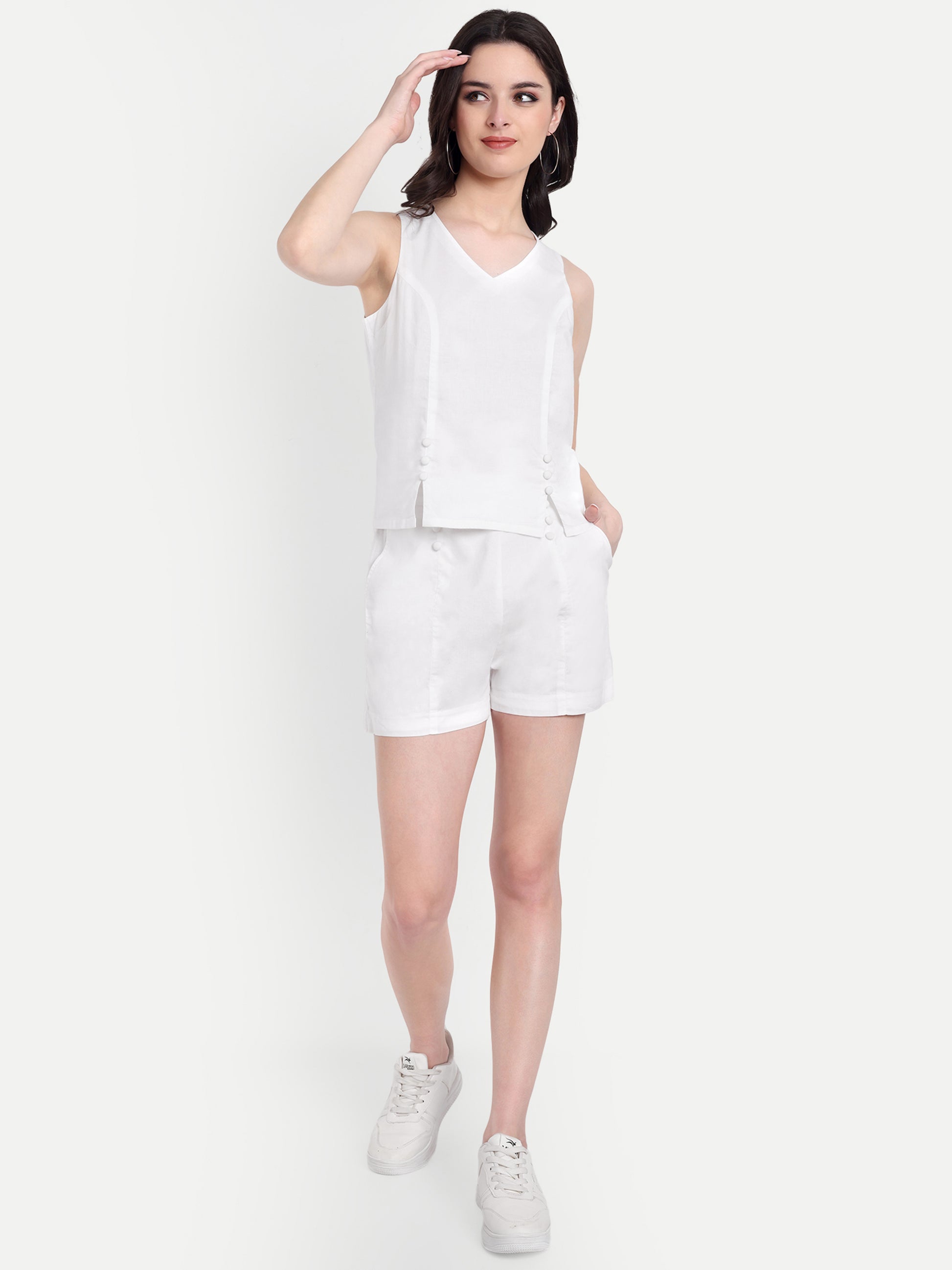 FairLeaf Women's Top and Short Set – |100% Pure Cotton | Lightweight Relaxed Fit Sleeveless White Top & Short– Stylish Casual Summer  for Women