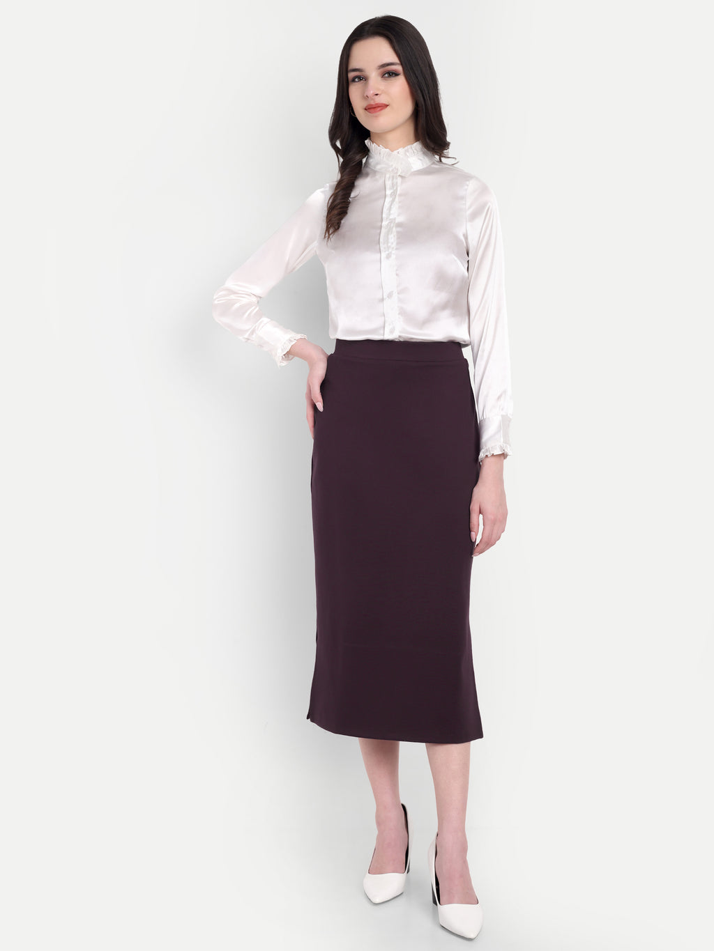 Women's dark Purple Midi Pencil Skirt with Side Slit – High Waist | Elegant Office & Party Wear