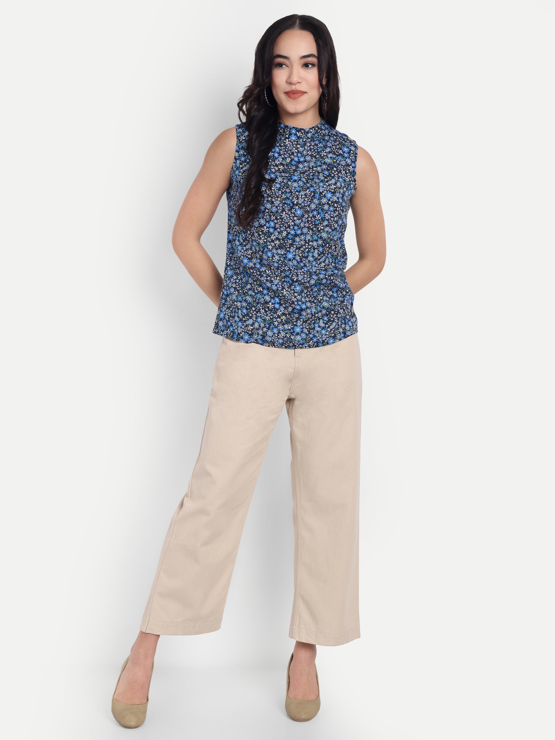 Women's Blue Printed Sleeveless Top | High Neck | Lightweight & Stylish Summer Wear