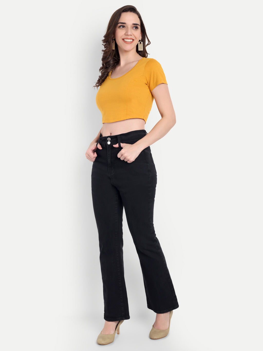 omen's Mustard Yellow Crop Top with Scoop Neck & Short Sleeves