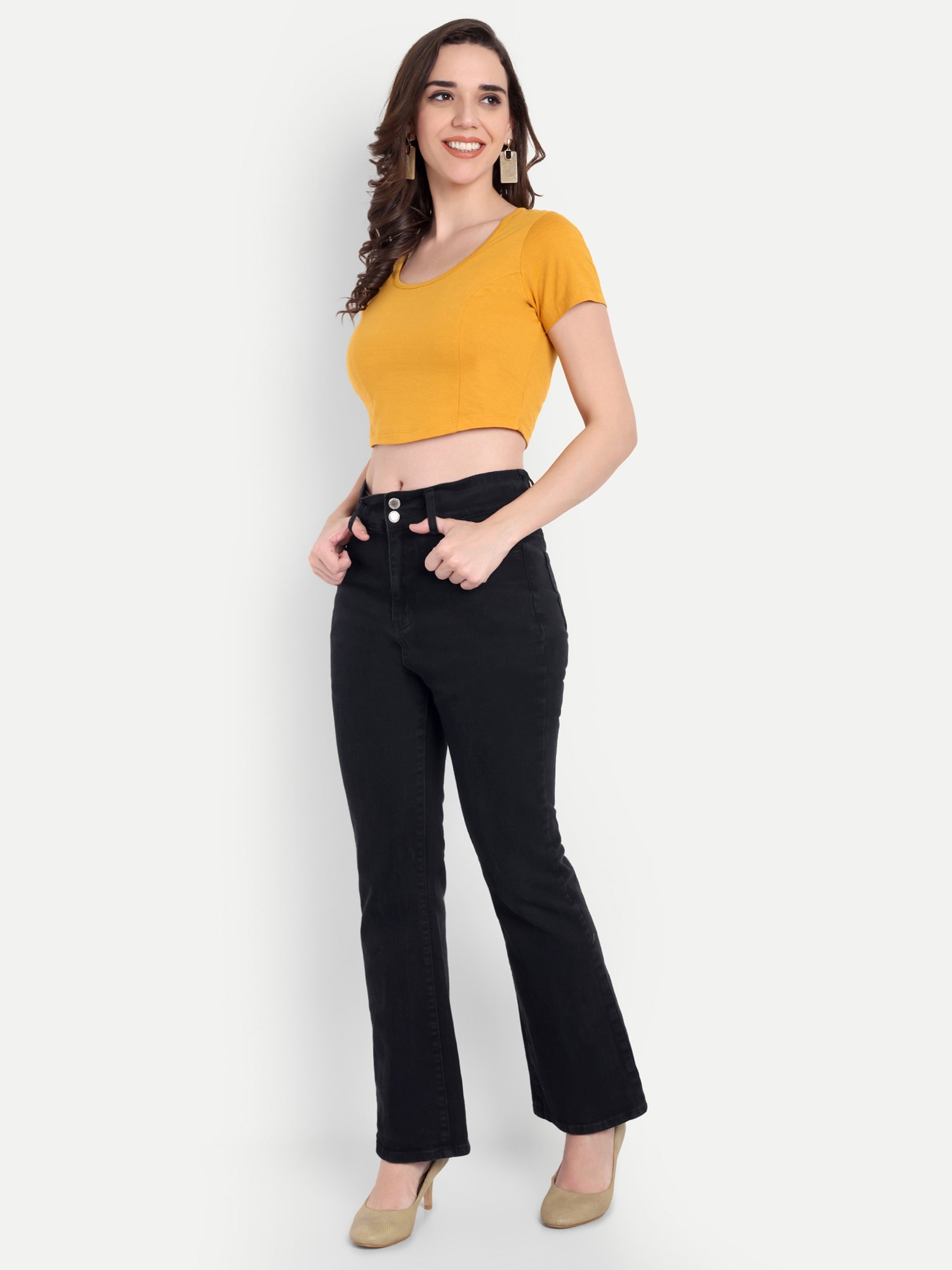 omen's Mustard Yellow Crop Top with Scoop Neck & Short Sleeves