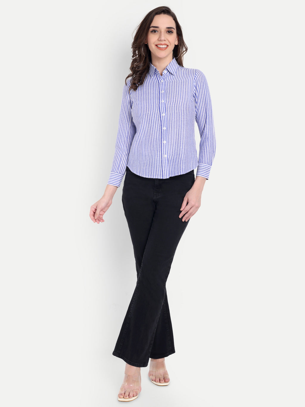 Women's White & BLUE Striped Button-Down Shirt – Long Sleeve | Casual & Office Wear