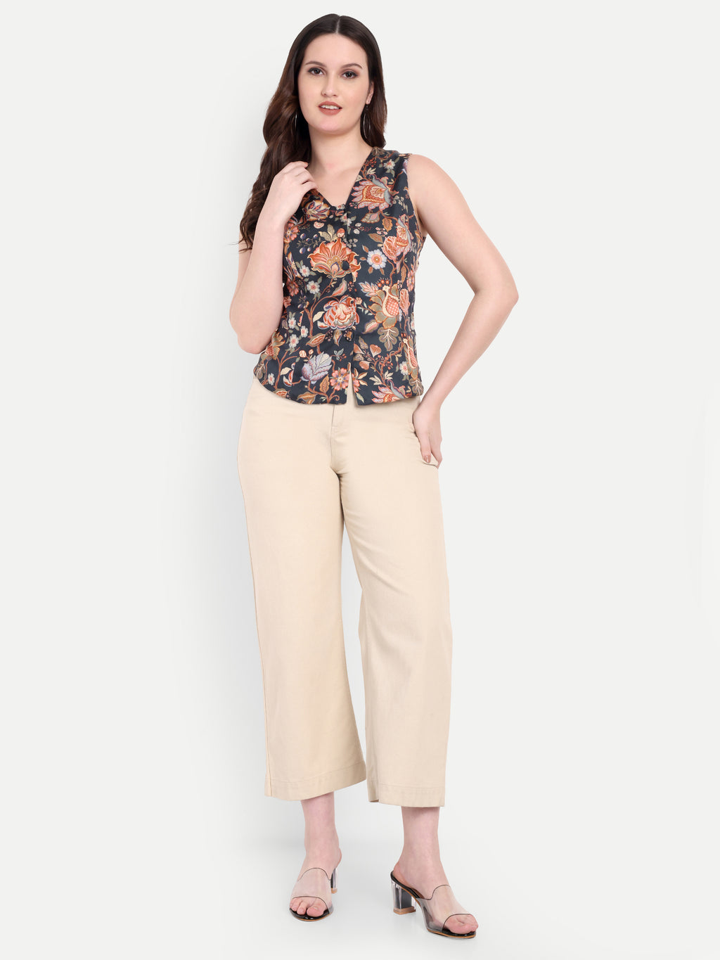 FairLeaf Women's V-Neck Sleeveless Waist Top – |100% Pure Cotton|Lightweight Relaxed Fit with Abstract Paisley Print – Stylish Casual for Women