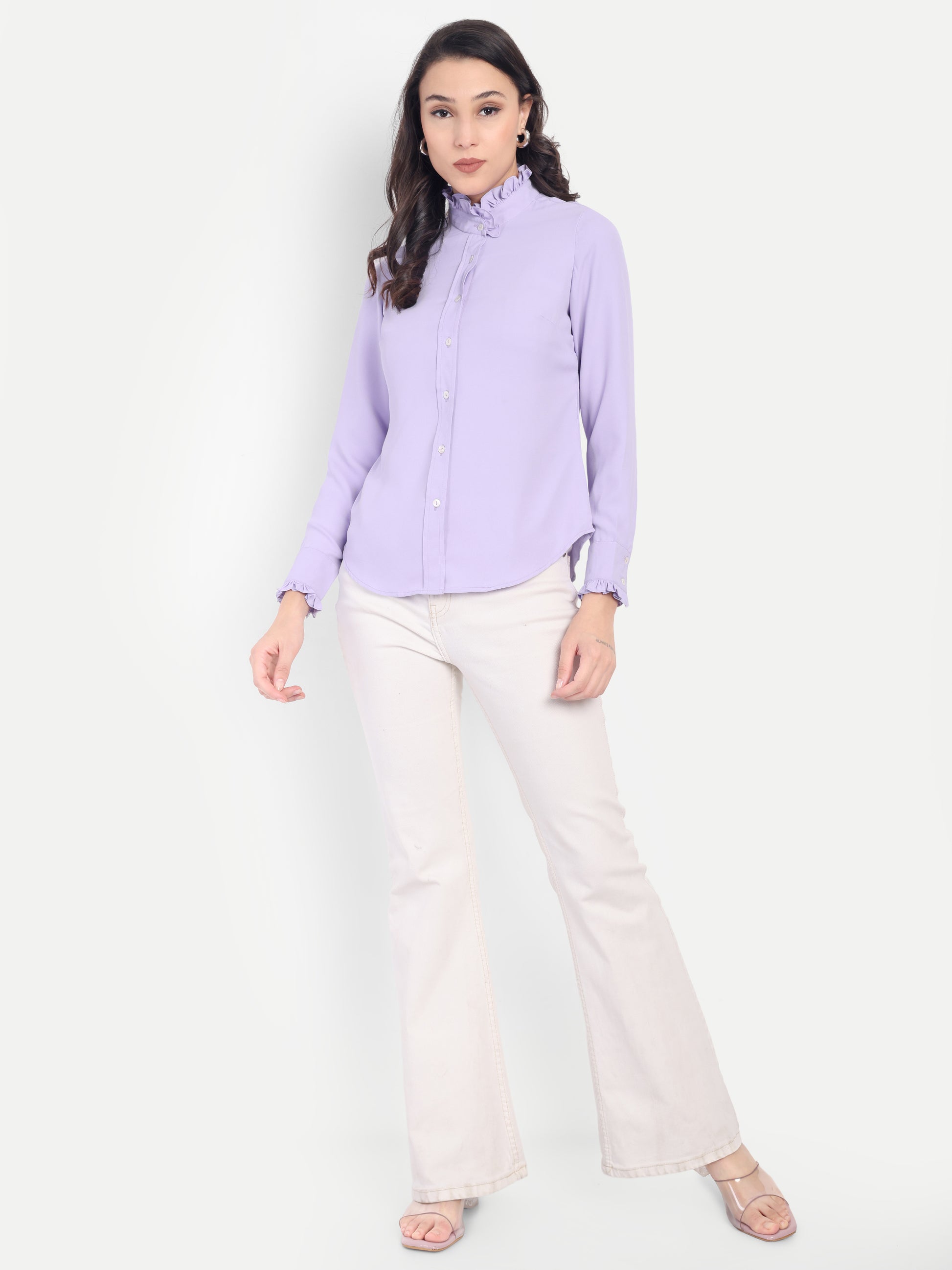 Women's Lavender Ruffle Collar Shirt | Elegant Formal & Casual Top with Long Sleeves