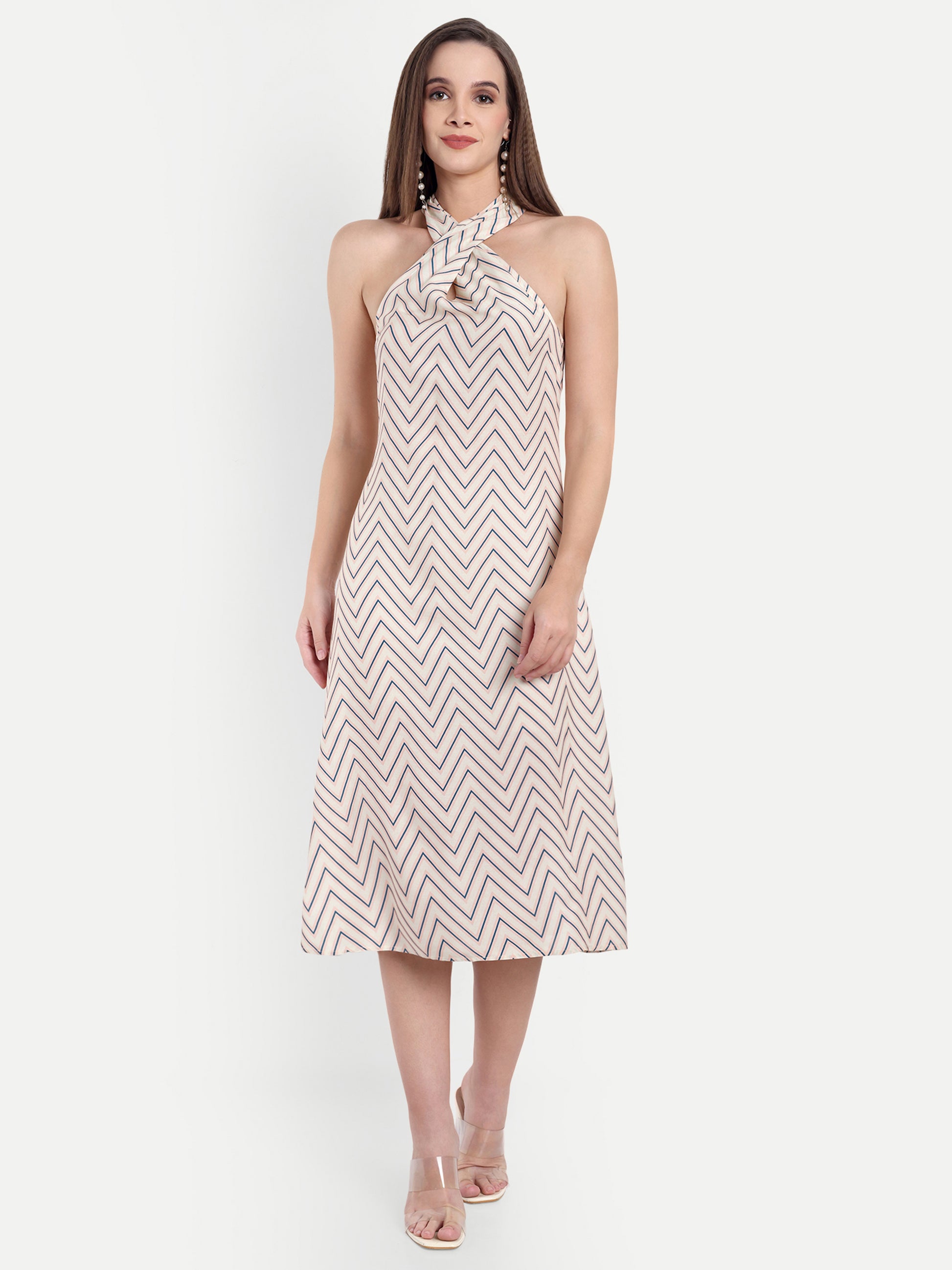 Women's Biege Halter Neck Midi Dress | Sleeveless Summer Dress