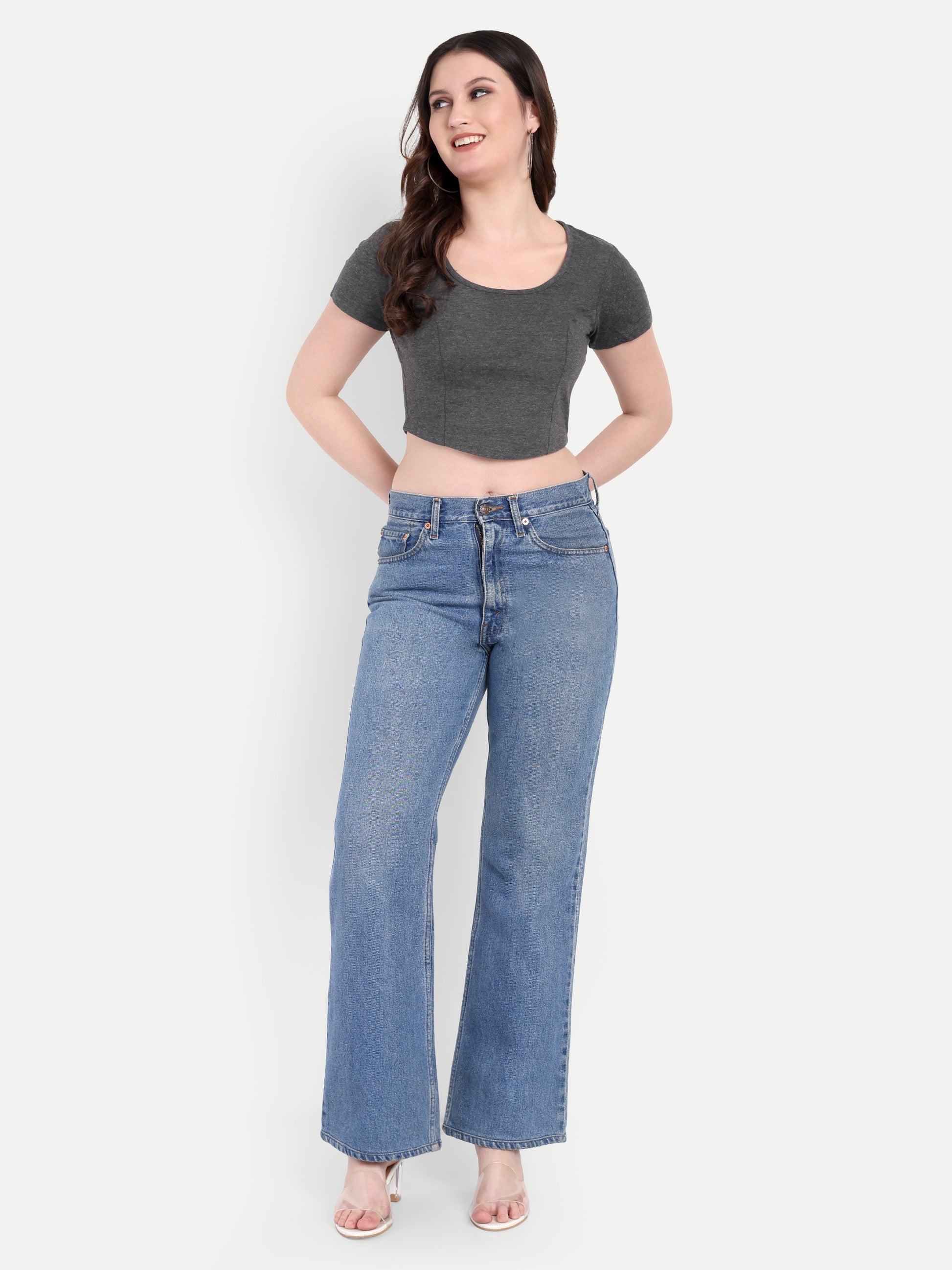 Women's Dark Grey Crop Top with Scoop Neck & Short Sleeves