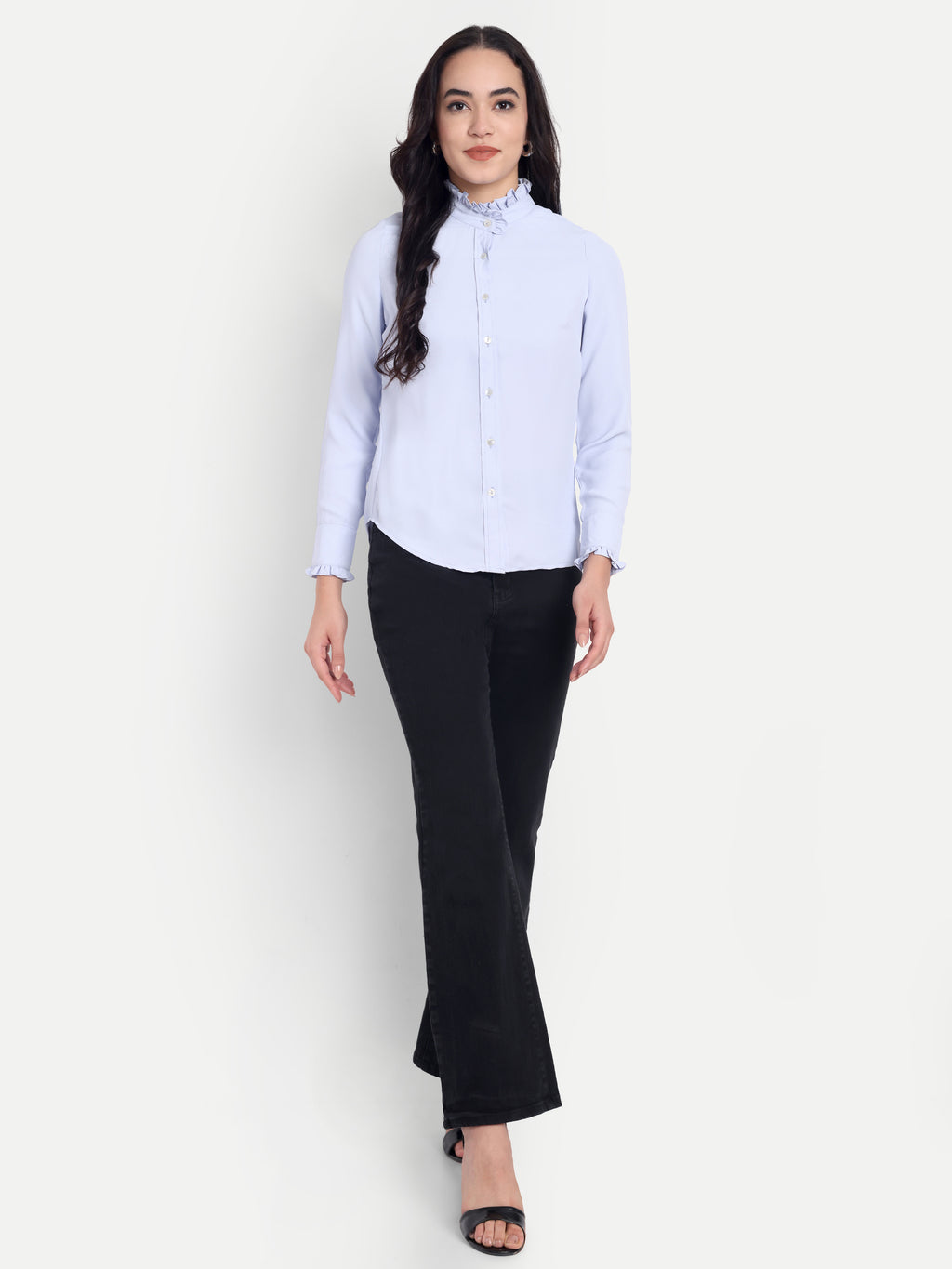 Women's Light Blue Ruffle Collar Shirt | Elegant Formal & Casual Top with Long Sleeves