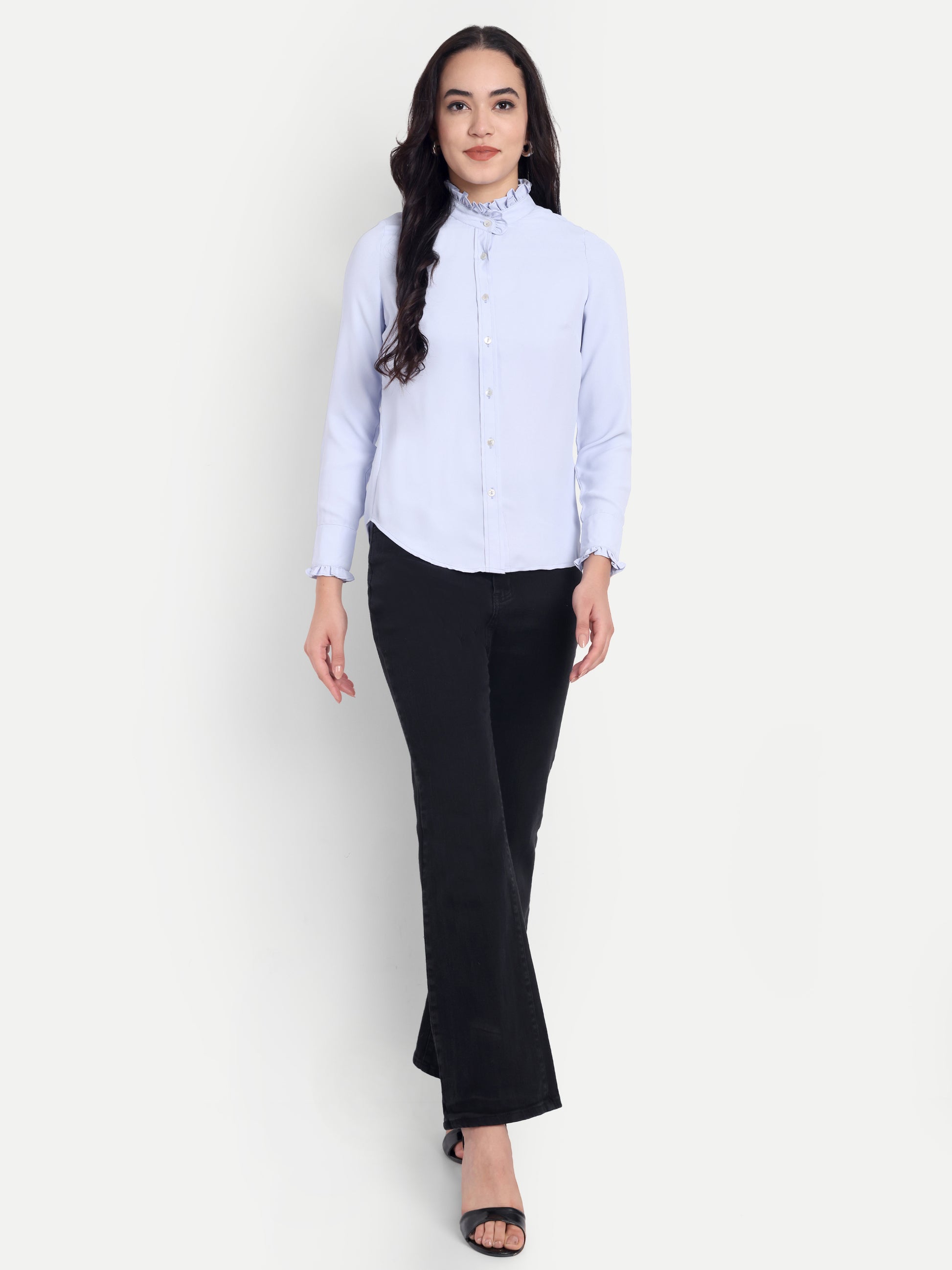 Women's Light Blue Ruffle Collar Shirt | Elegant Formal & Casual Top with Long Sleeves