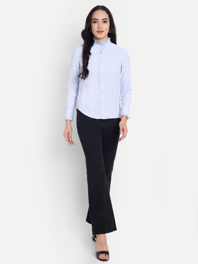 Women's Light Blue Ruffle Collar Shirt | Elegant Formal & Casual Top with Long Sleeves