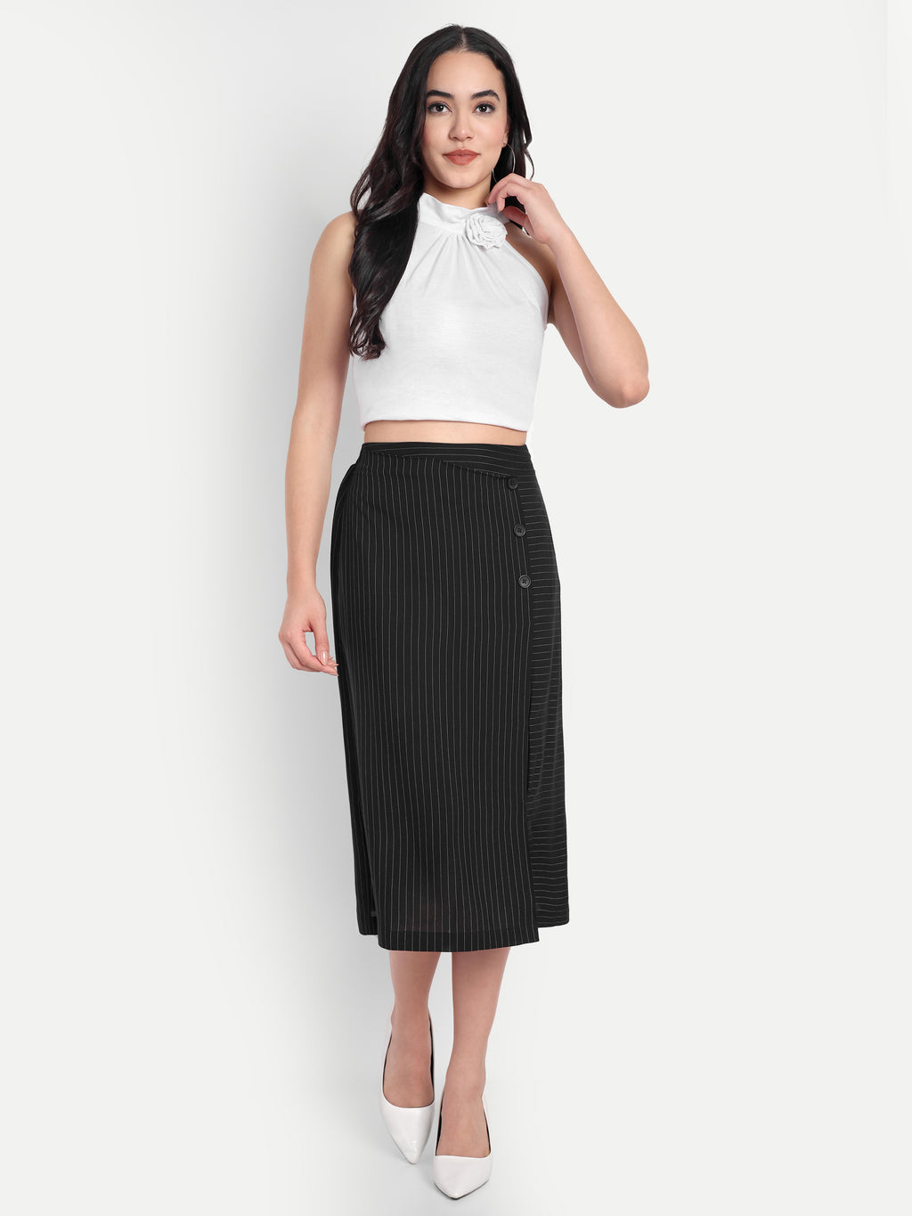 Women's Black Pinstripe Wrap Midi Skirt with Button Detail | Office & Casual Wear