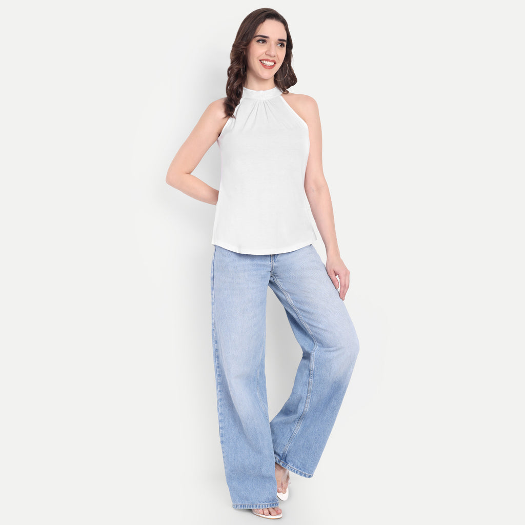 FairLeaf Women's white Top with Button-Down High Neckline| Sleeveless Elegant Summer Tunic for Casual, & Office Wear| Stylish White Tops for Women