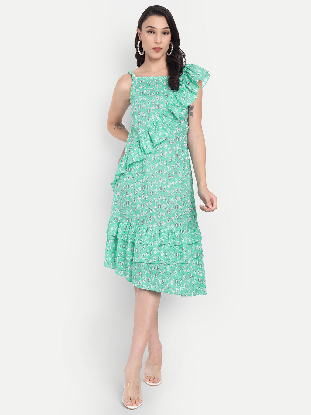 Women's Green Printed One-Shoulder Ruffle Dress | Sleeveless | Stylish Summer & Party Wear
