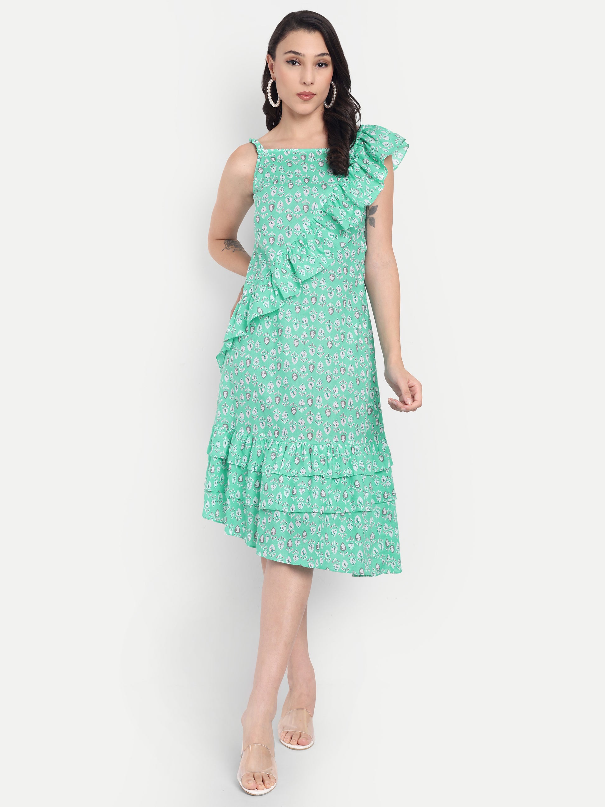 Women's Green Printed One-Shoulder Ruffle Dress | Sleeveless | Stylish Summer & Party Wear