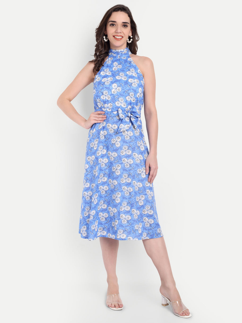 Women's blue & White Floral Halter Neck Midi Dress | Belted Waist | Resort & Summer Wear (Copy)